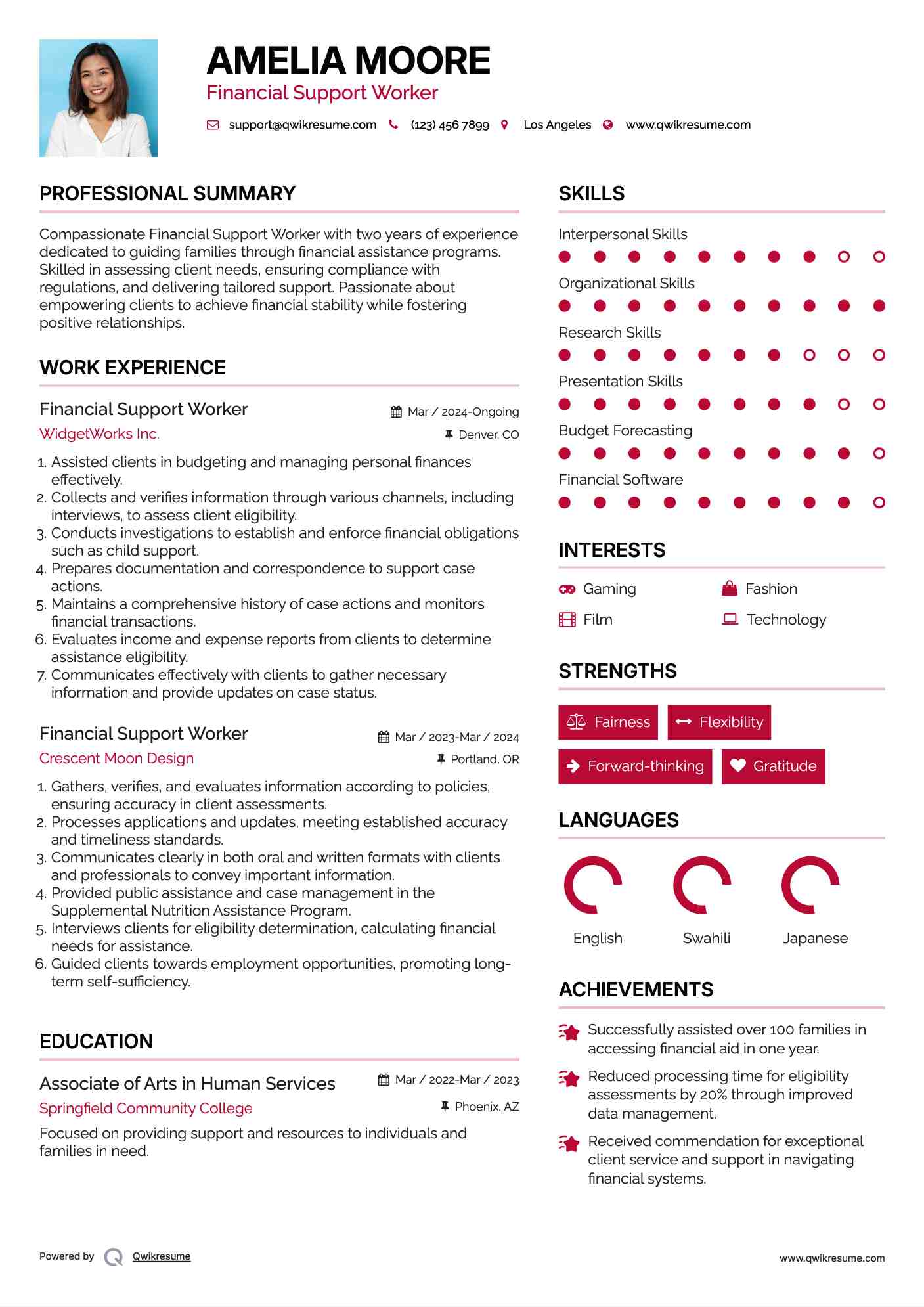 Financial Support Worker Resume Example