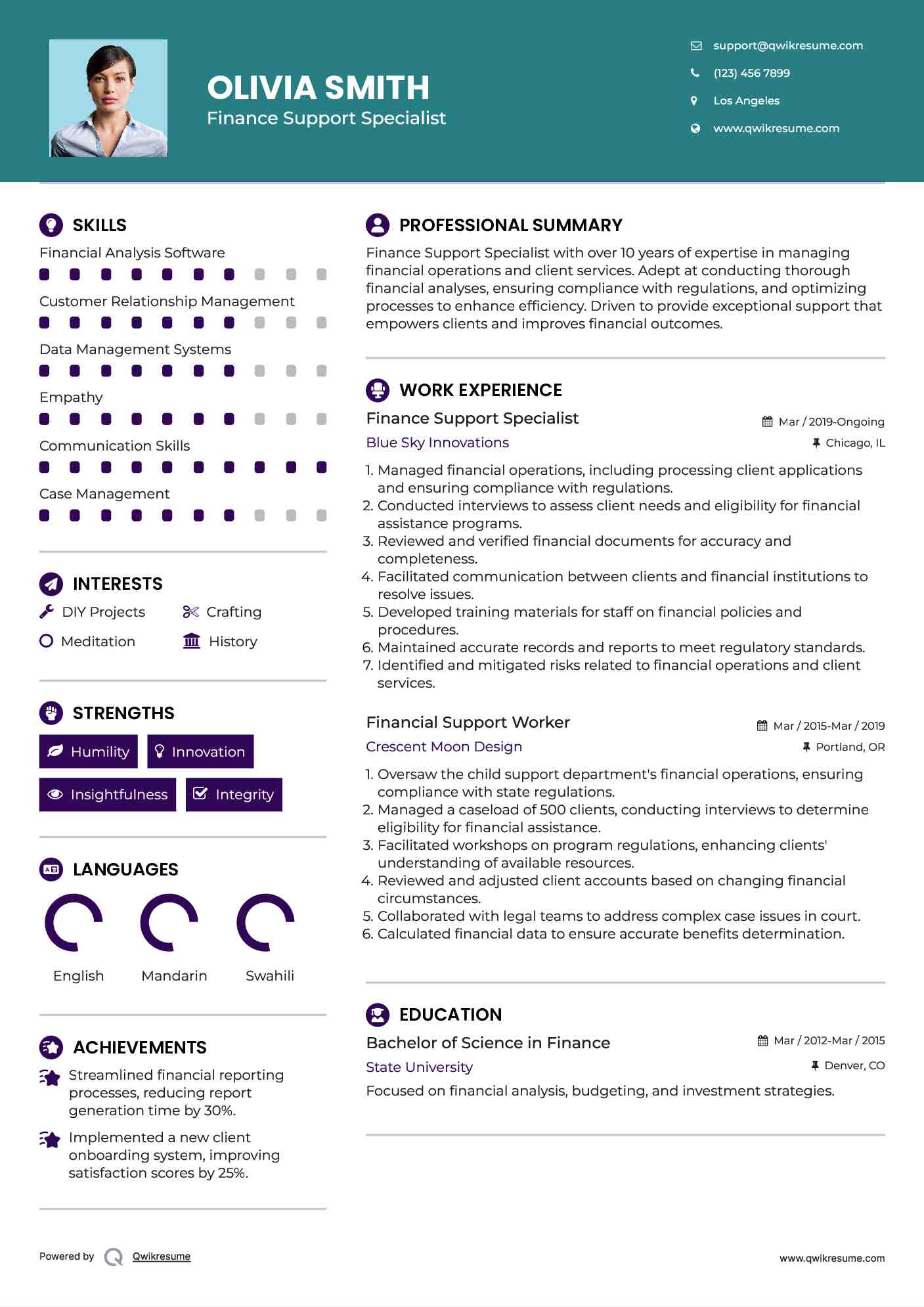 Finance Support Specialist Resume Example