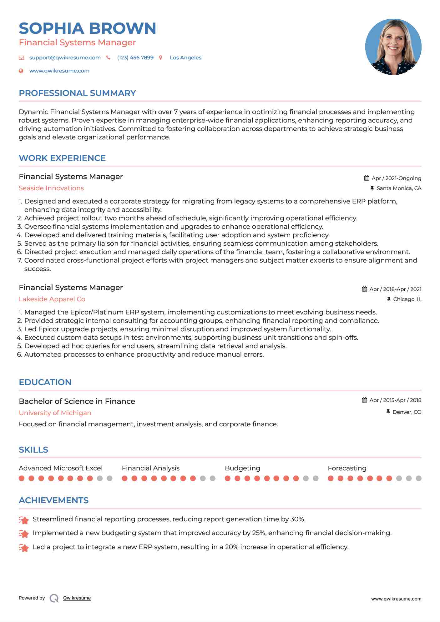 Financial Systems Manager Resume Model
