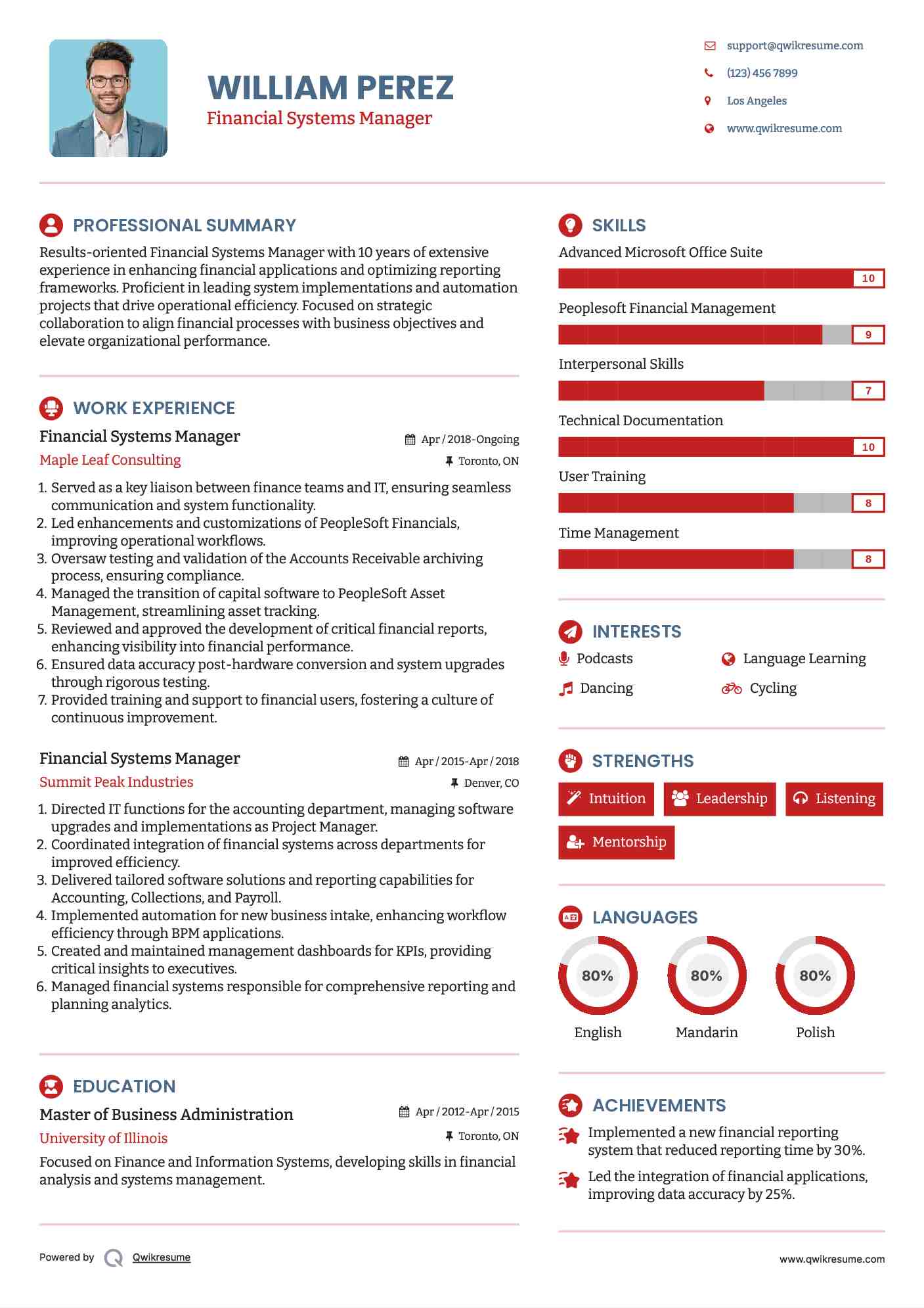 Financial Systems Manager Resume Sample