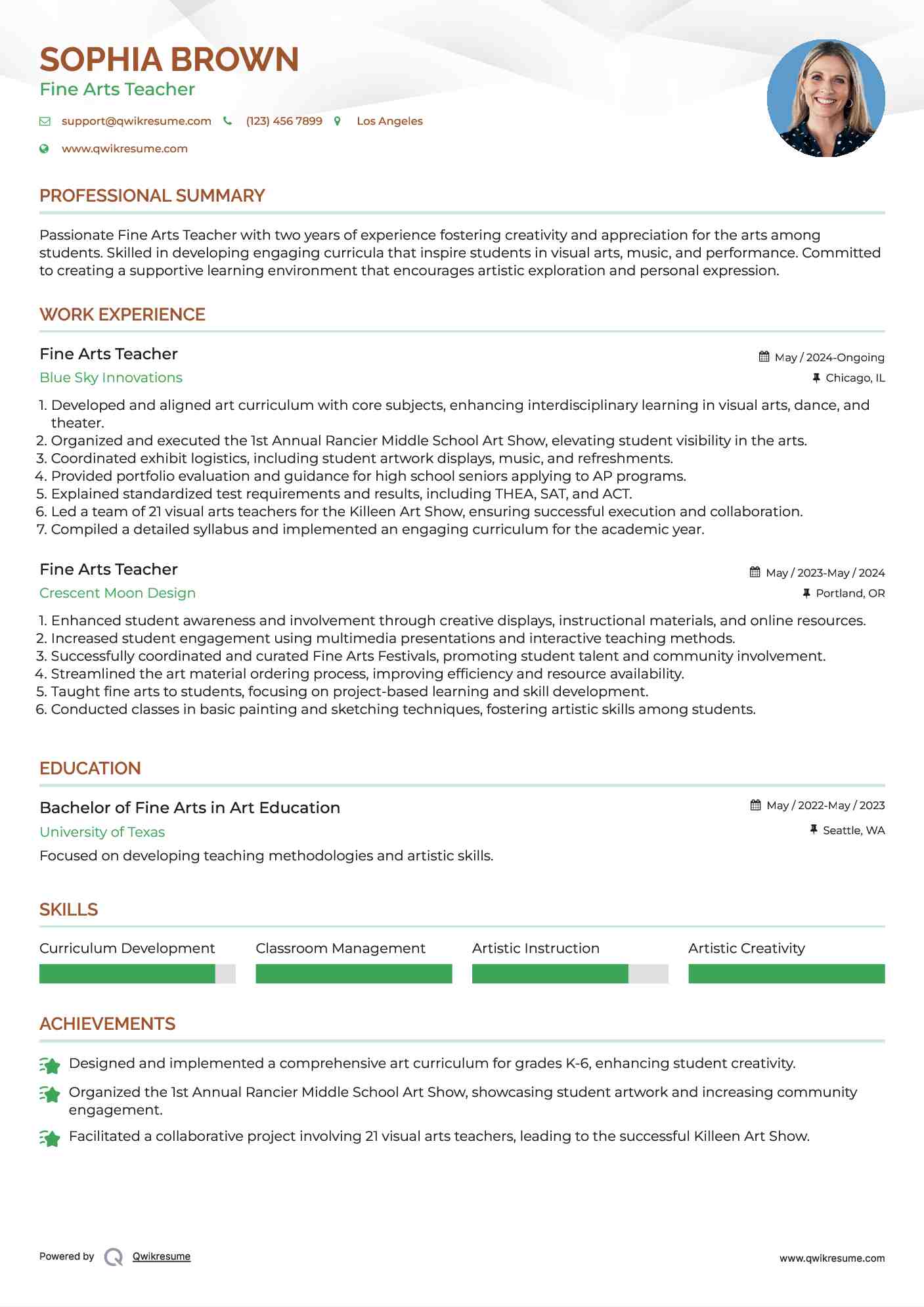 Fine Arts Teacher Resume Format