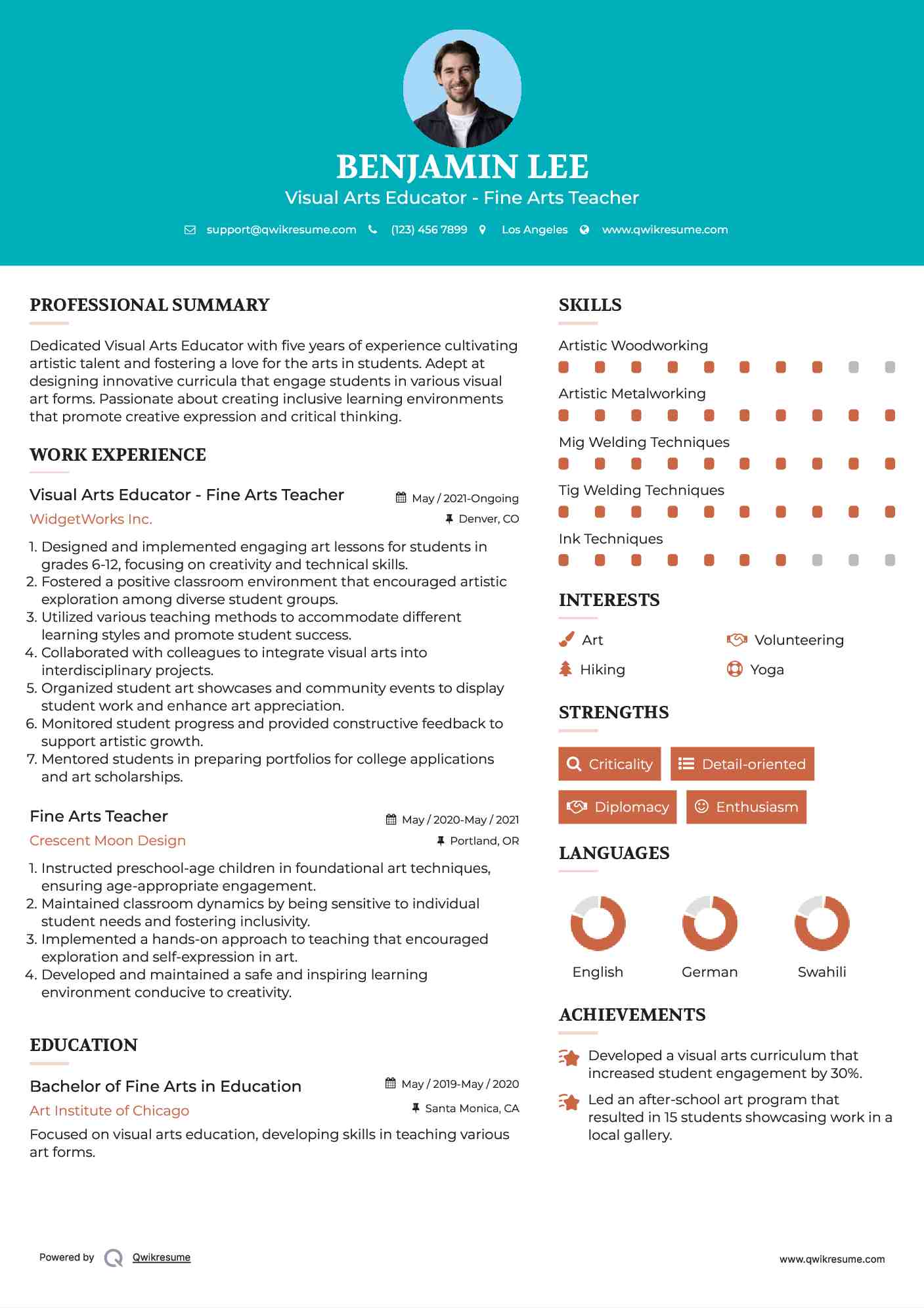 Visual Arts Educator - Fine Arts Teacher Resume Template