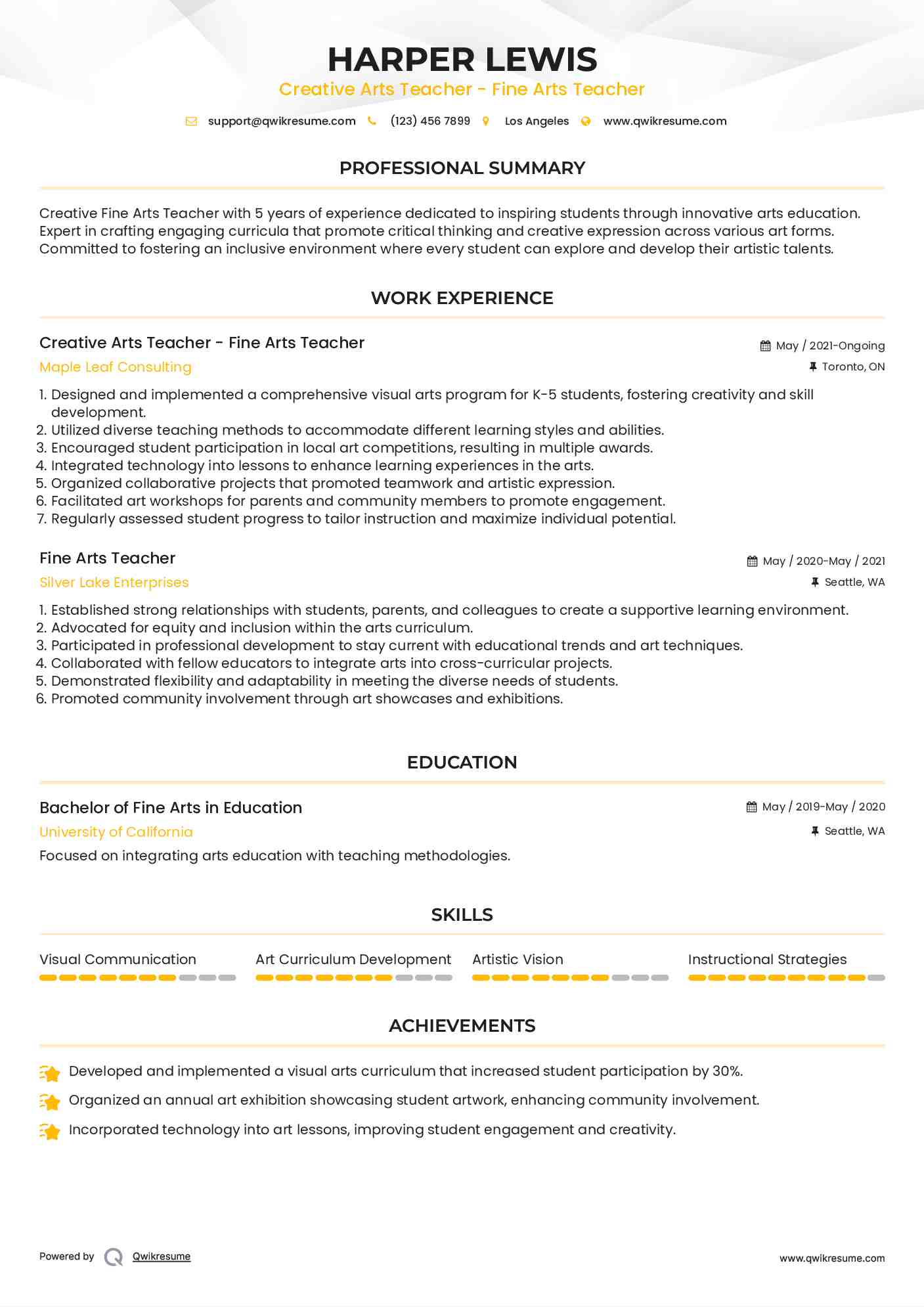 Creative Arts Teacher - Fine Arts Teacher Resume Example