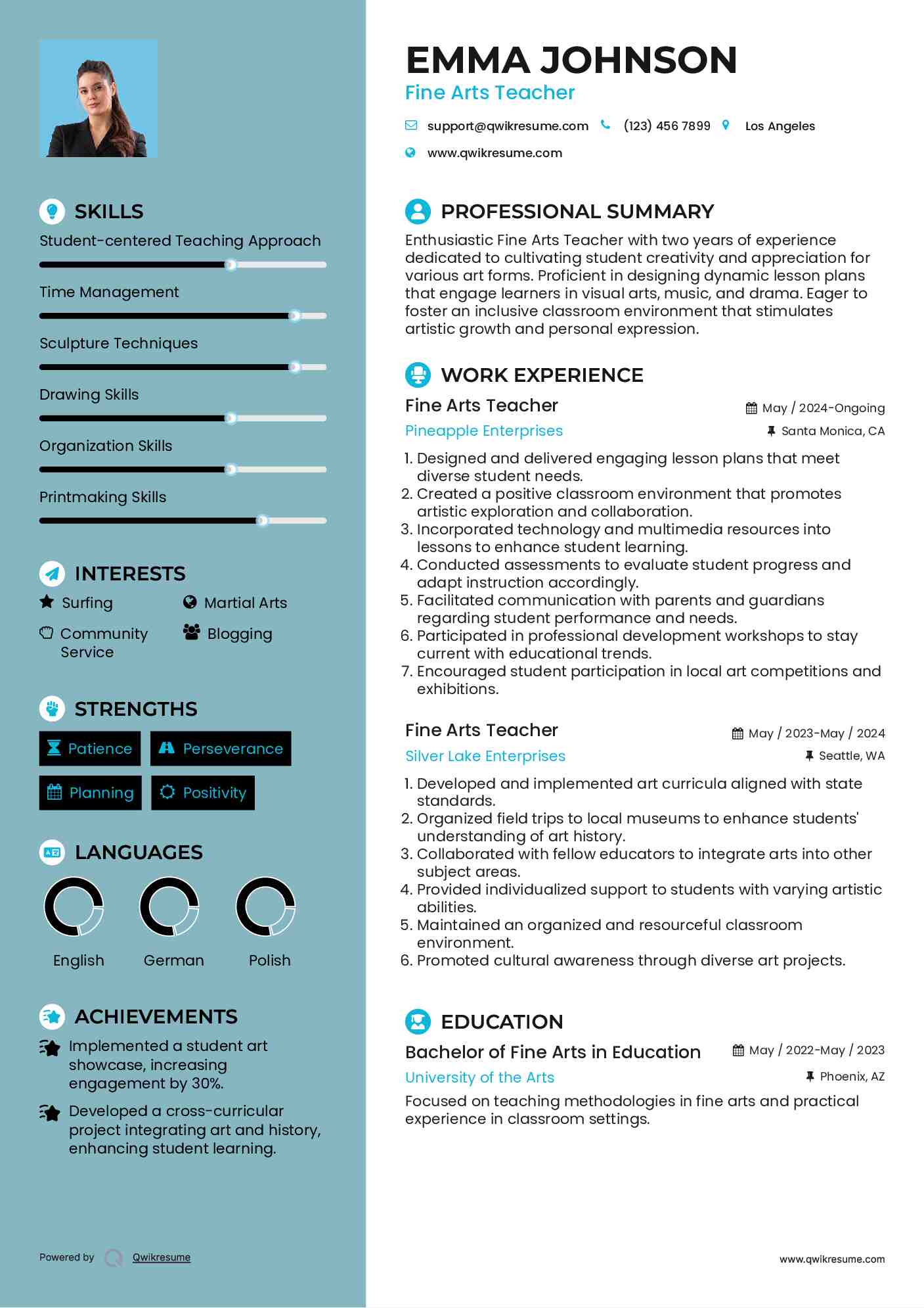 Fine Arts Teacher Resume Template