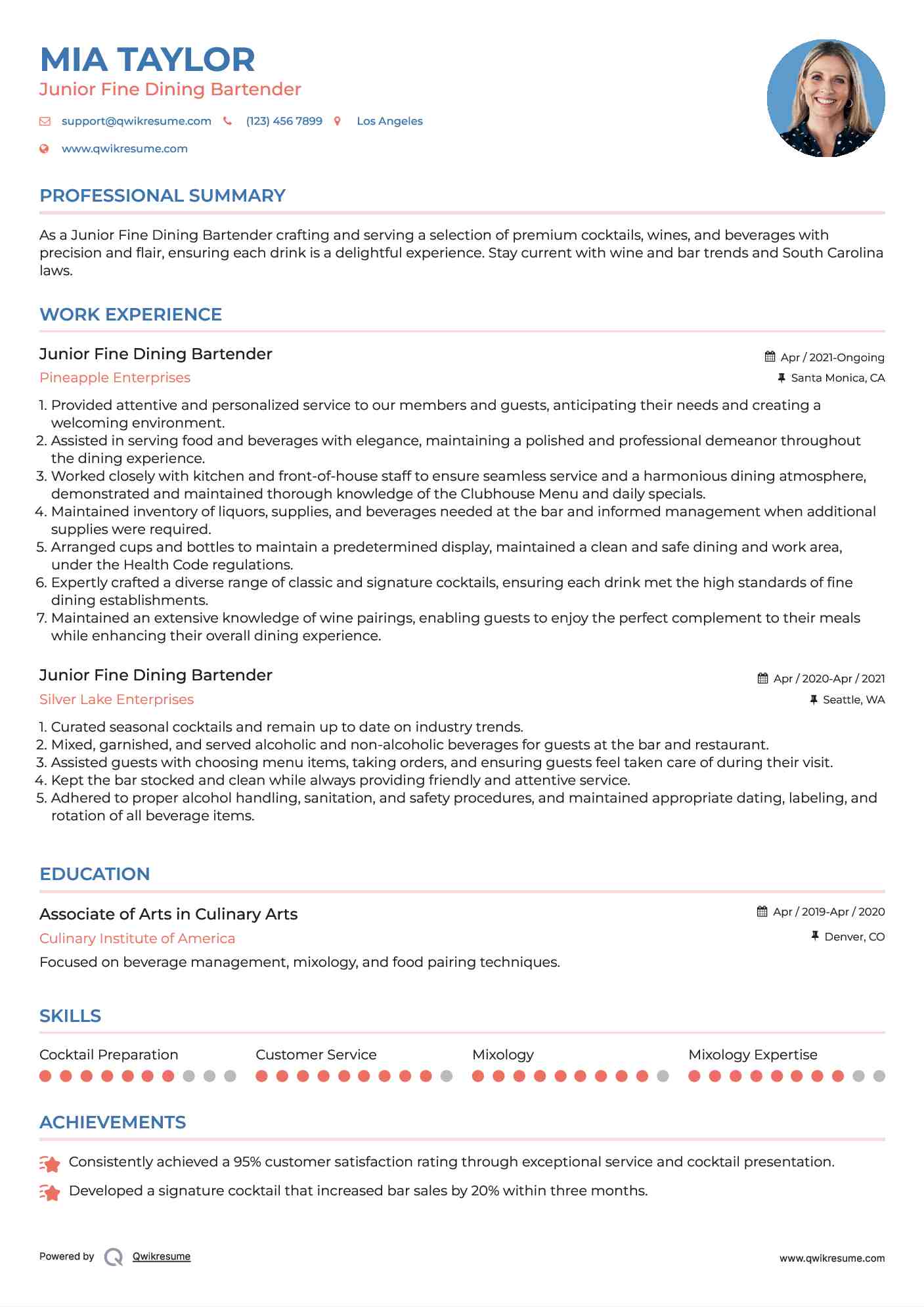 Junior Fine Dining Bartender Resume Format