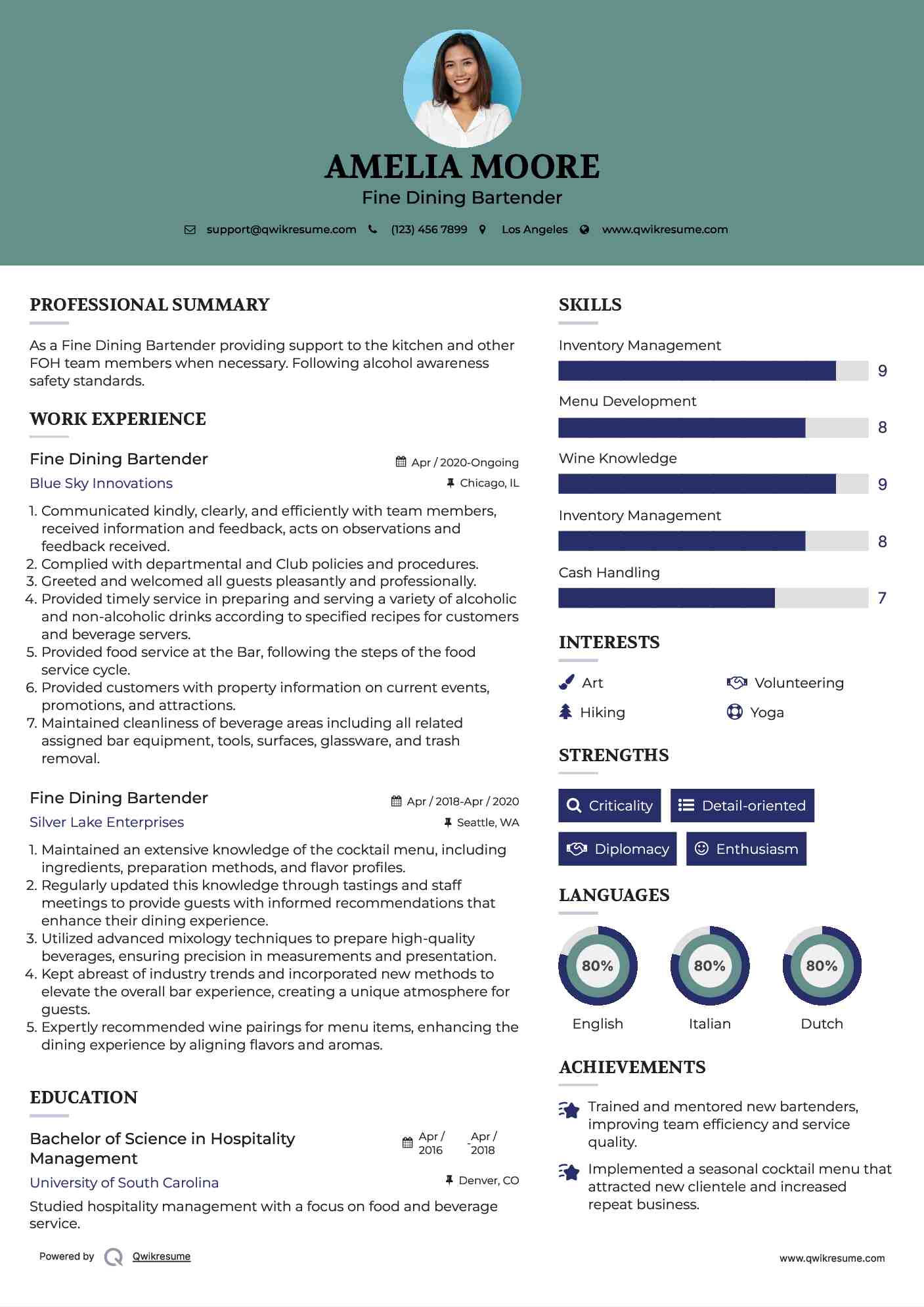 Fine Dining Bartender Resume Example