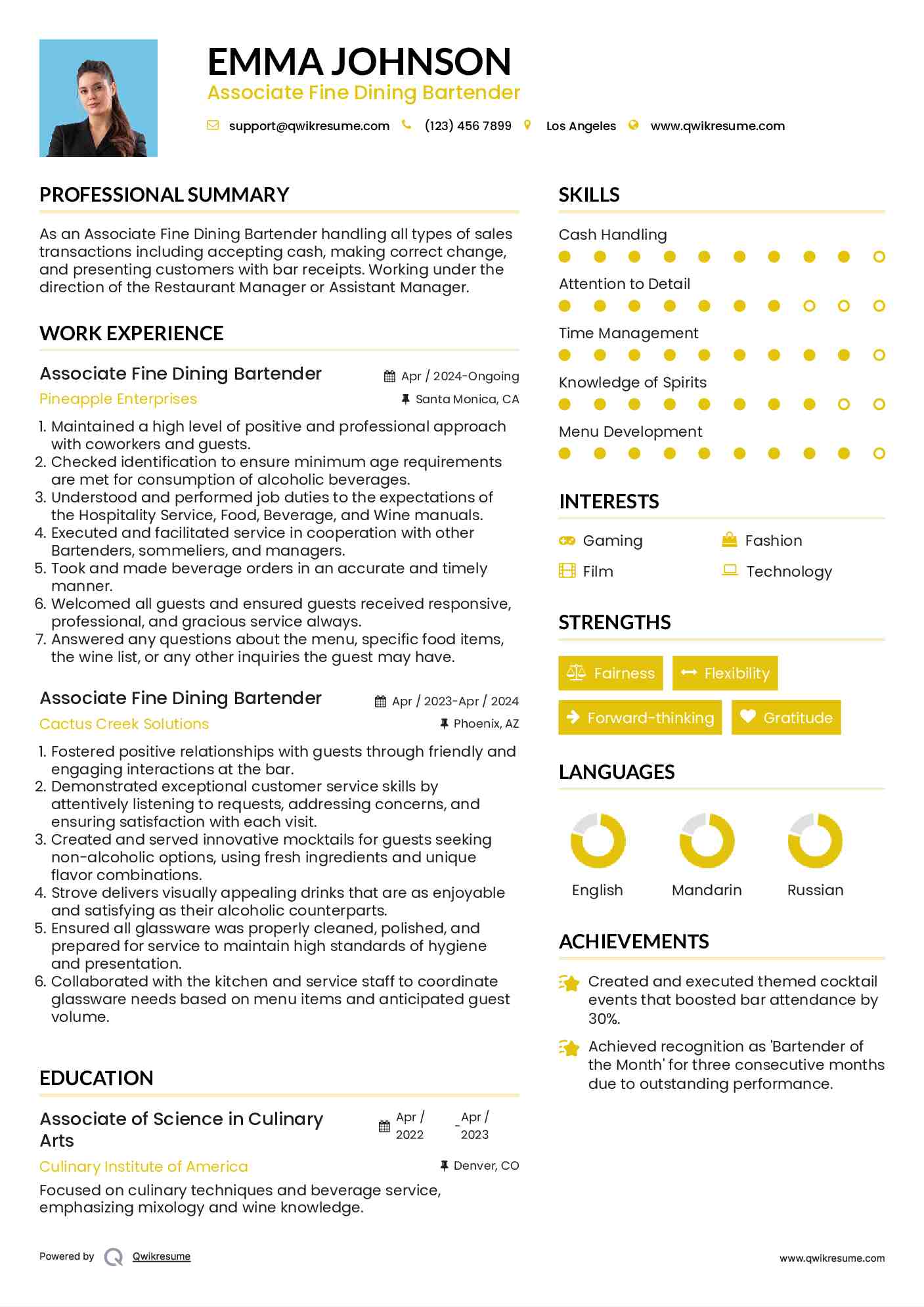 Associate Fine Dining Bartender Resume Example