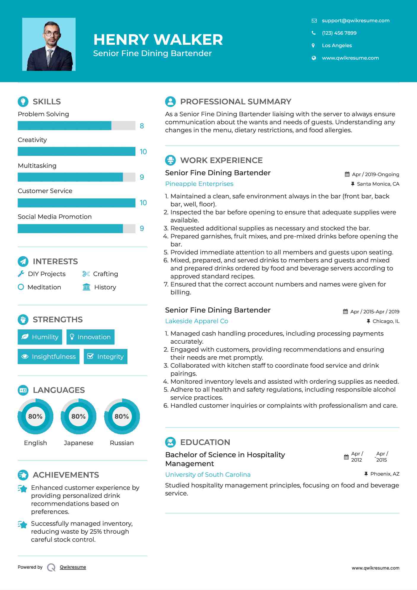 Senior Fine Dining Bartender Resume Sample