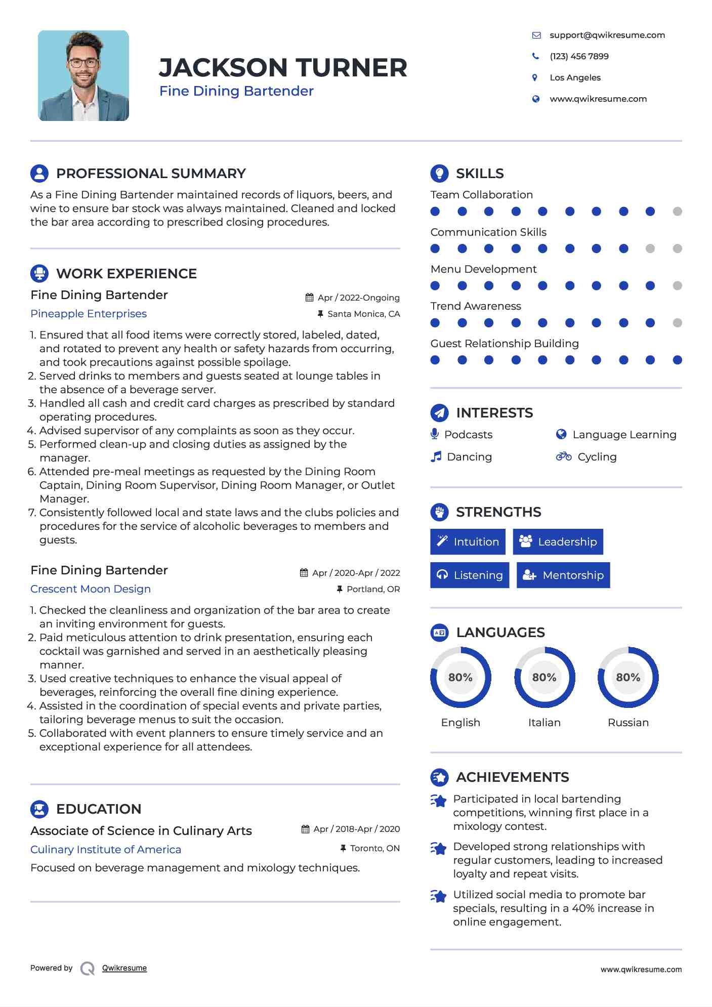 Fine Dining Bartender Resume Sample