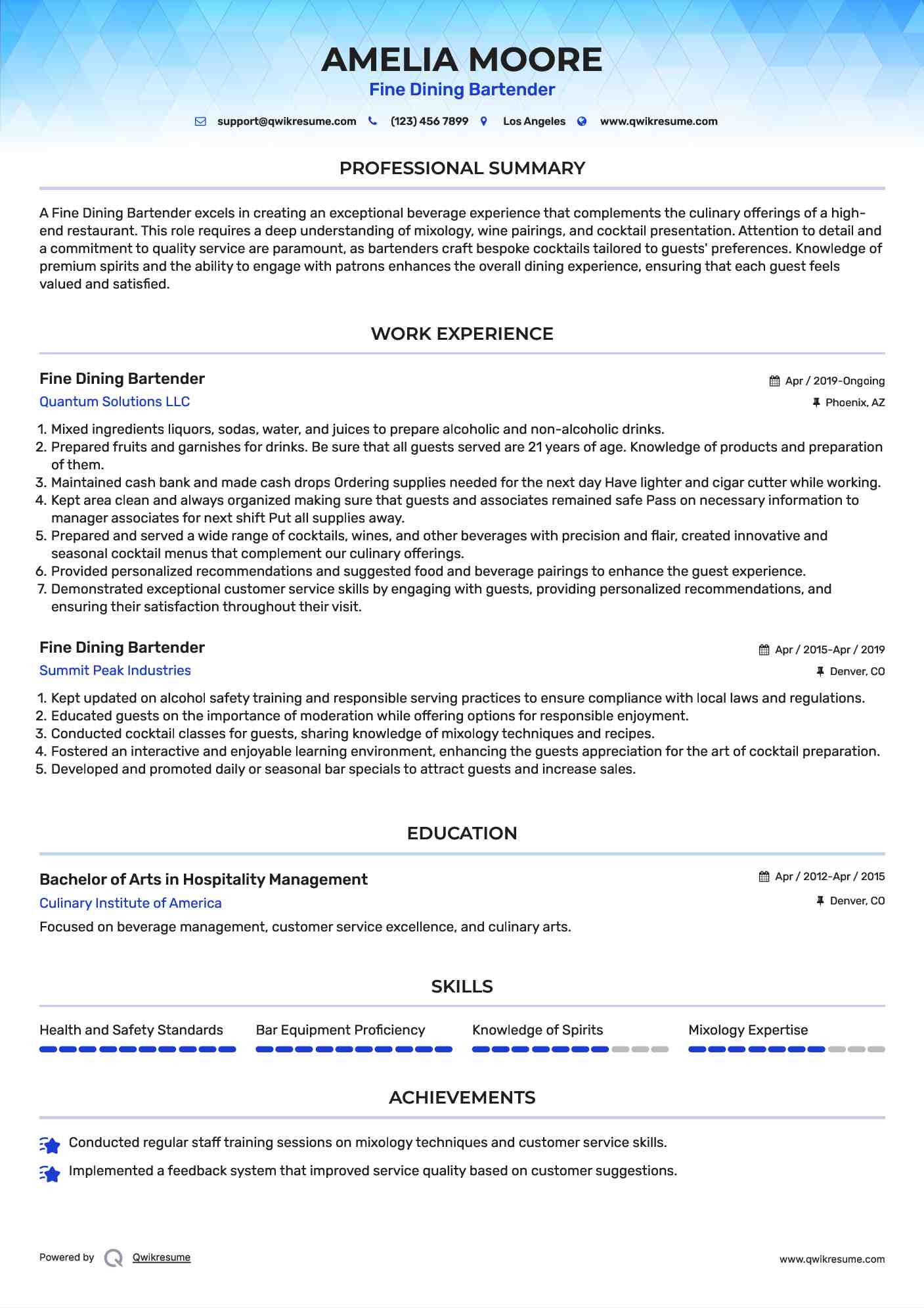 Fine Dining Bartender Resume Sample