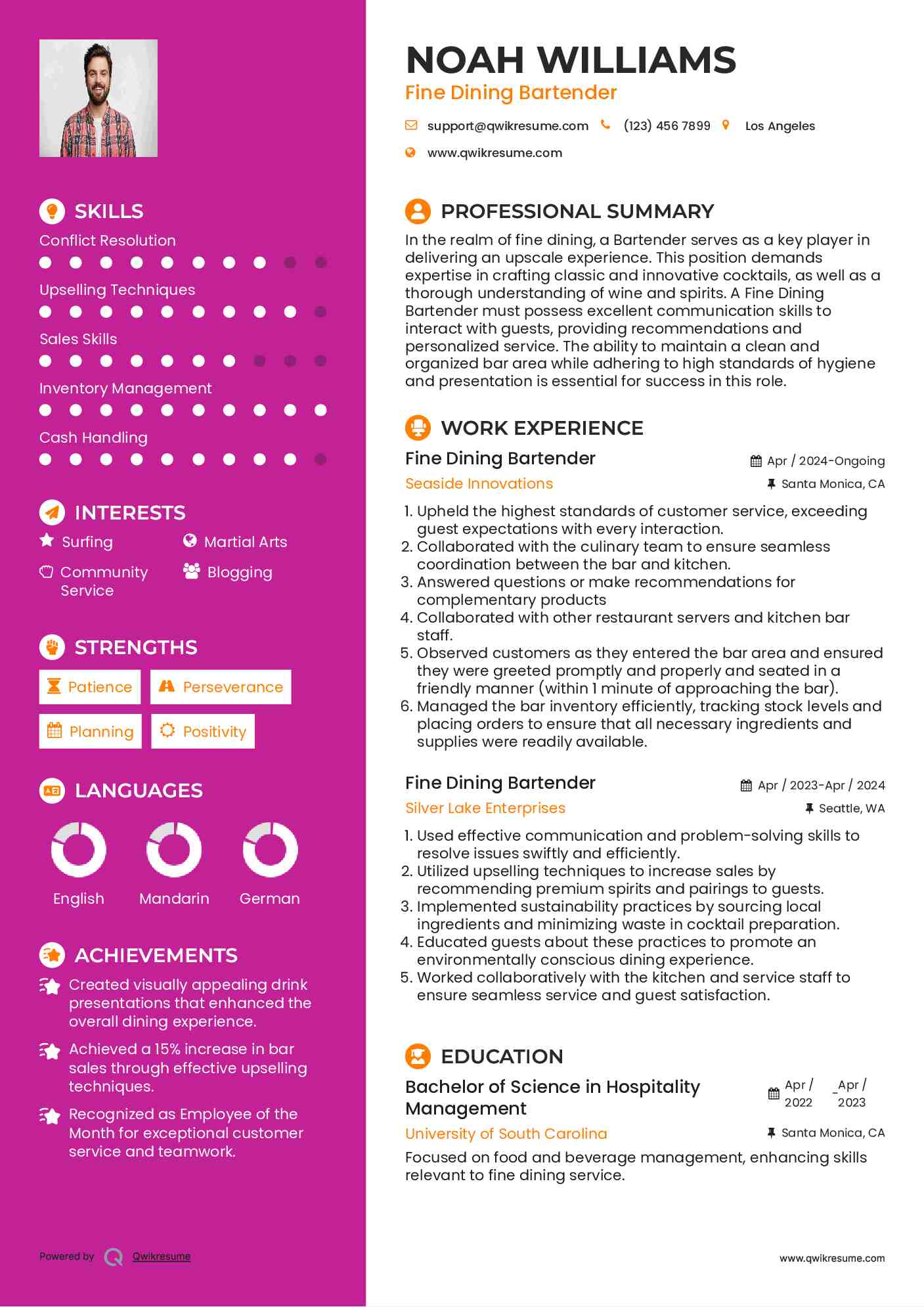 Fine Dining Bartender Resume Template