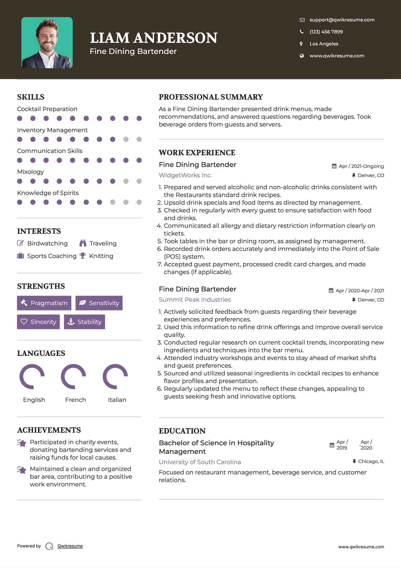 Fine Dining Bartender Resume Example
