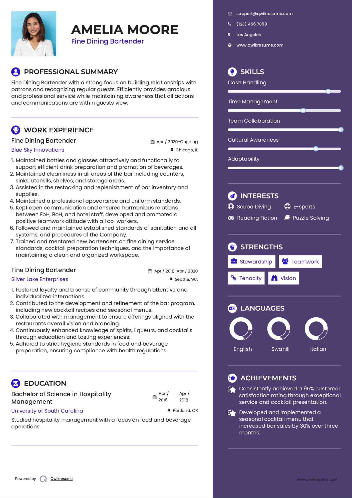 Fine Dining Bartender Resume Format
