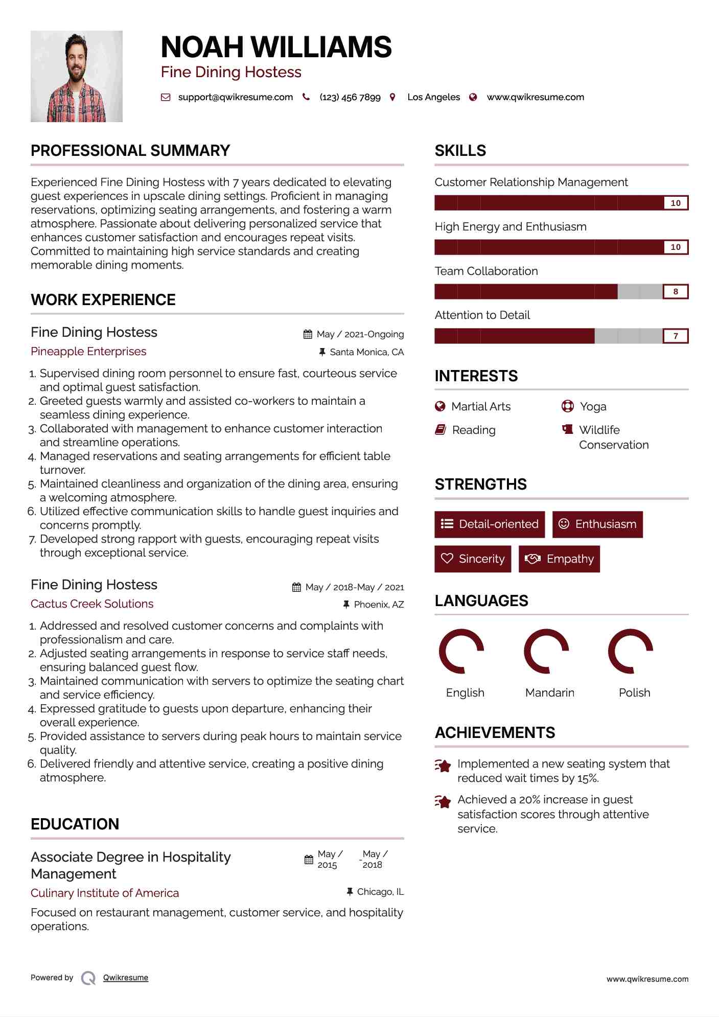 Fine Dining Hostess Resume Model
