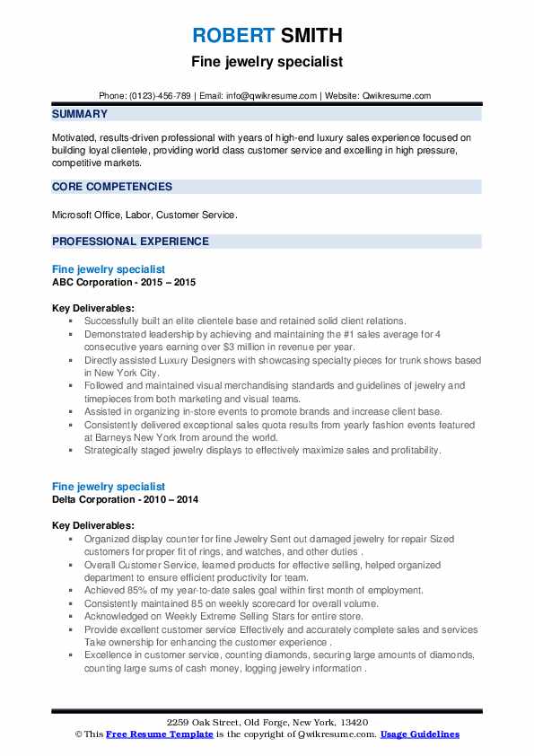 Fine jewelry specialist Resume Samples QwikResume