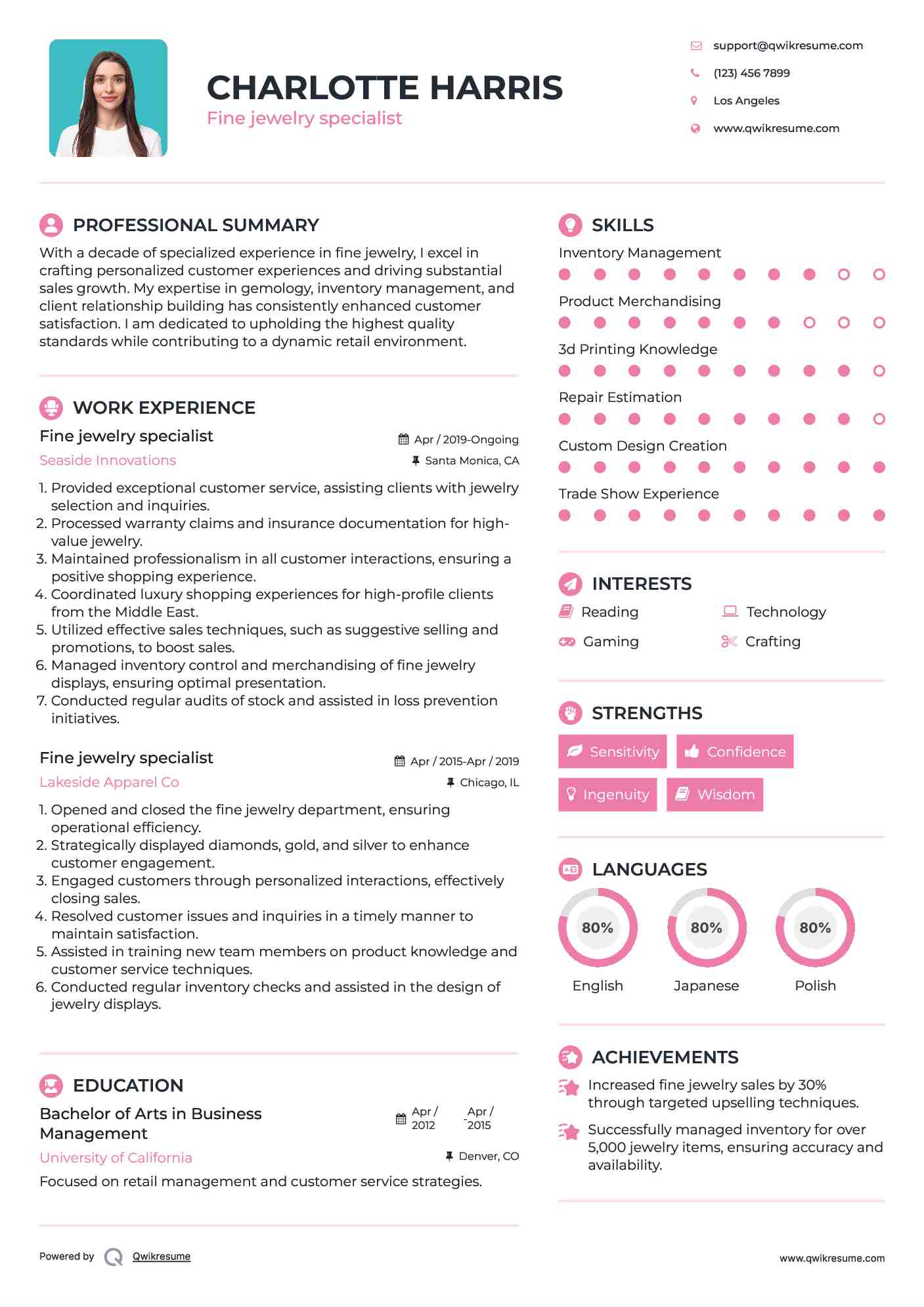 Fine jewelry specialist Resume Sample