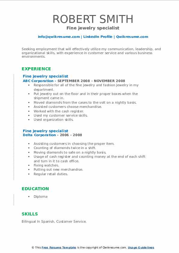 Fine jewelry specialist Resume Samples QwikResume