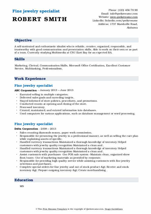 Fine jewelry specialist Resume Samples QwikResume