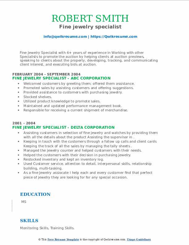 Fine jewelry specialist Resume Samples QwikResume
