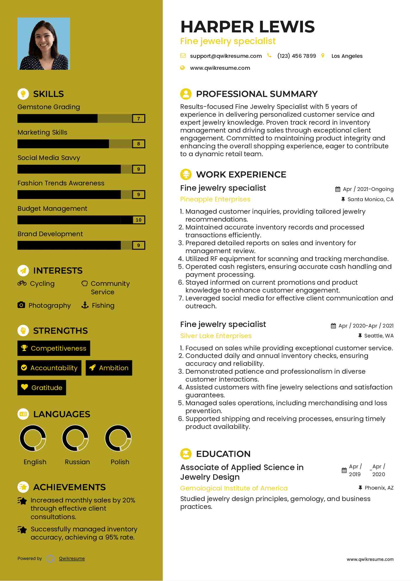 Fine jewelry specialist Resume Example