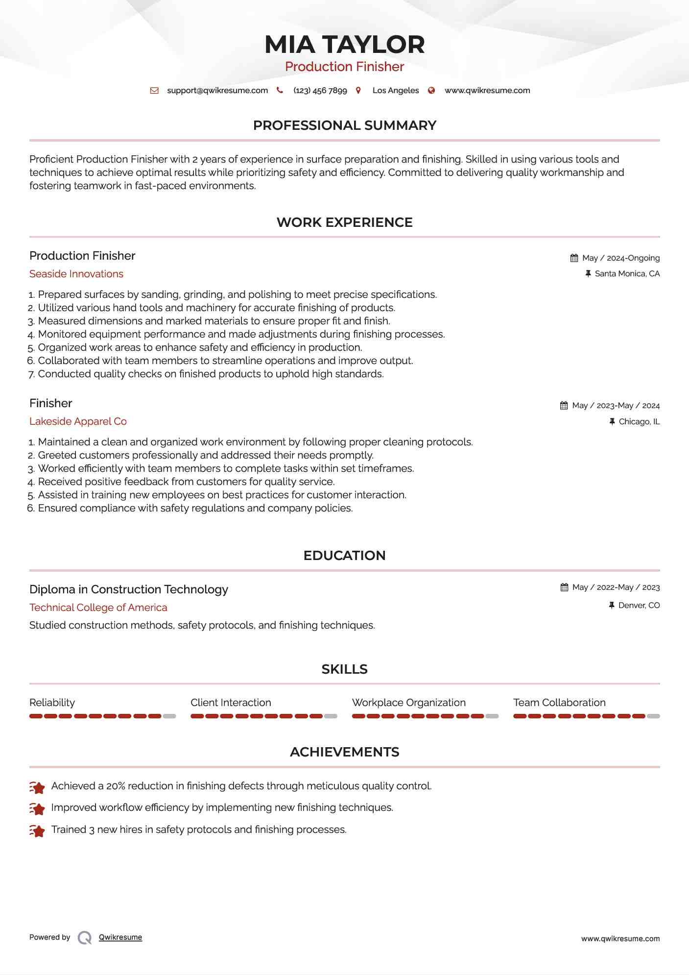 Finisher Resume Samples QwikResume