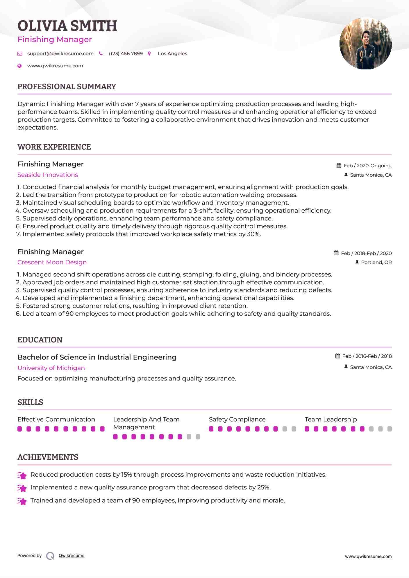 Finishing Manager Resume Example