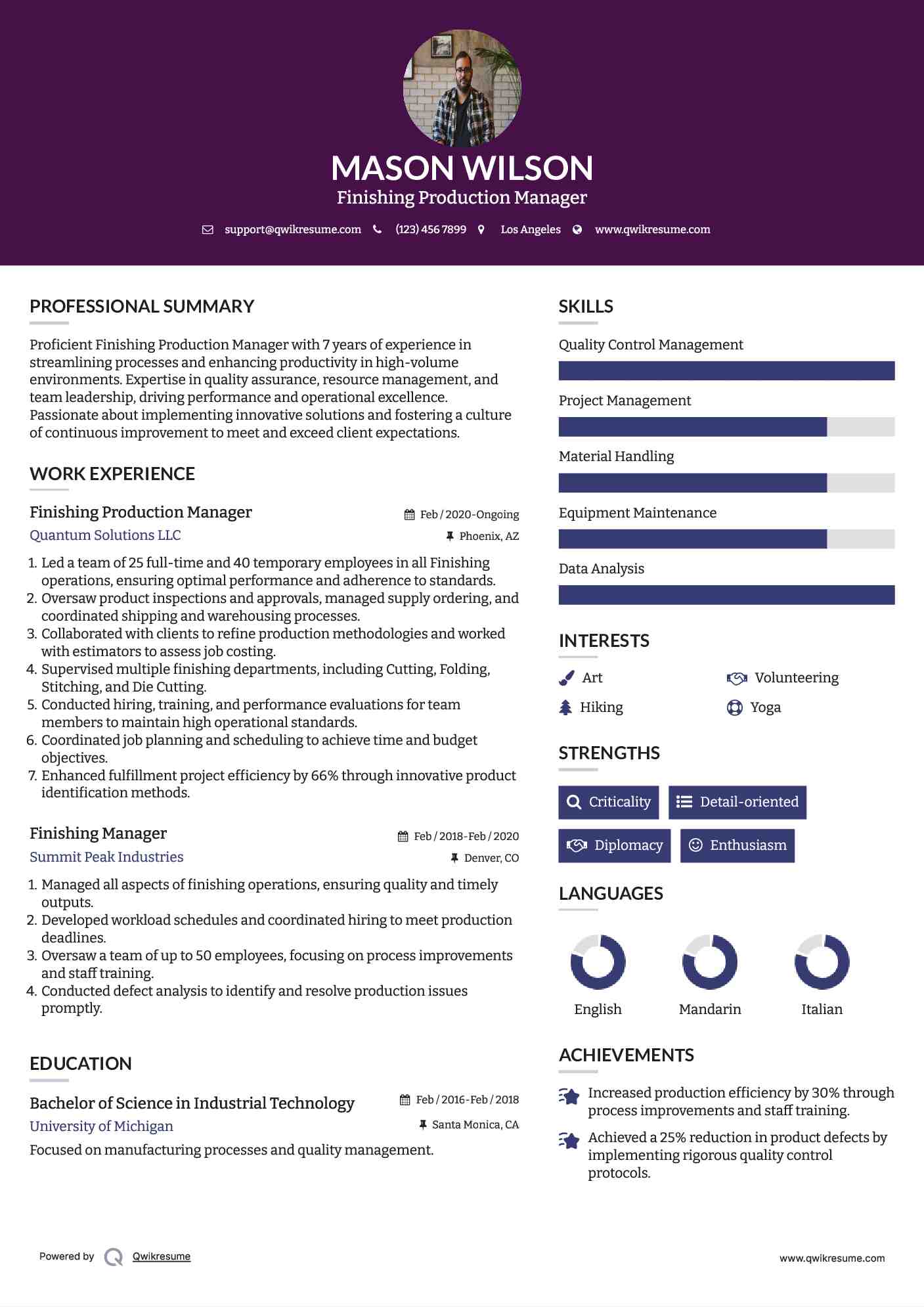 Finishing Production Manager Resume Sample