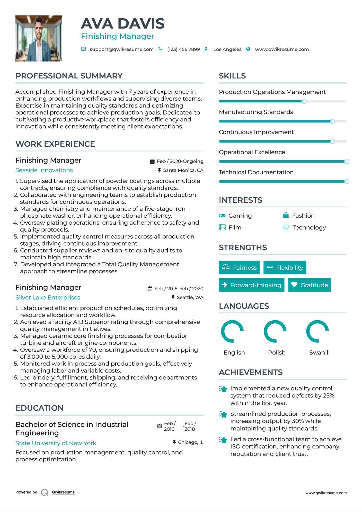Finishing Manager Resume Sample
