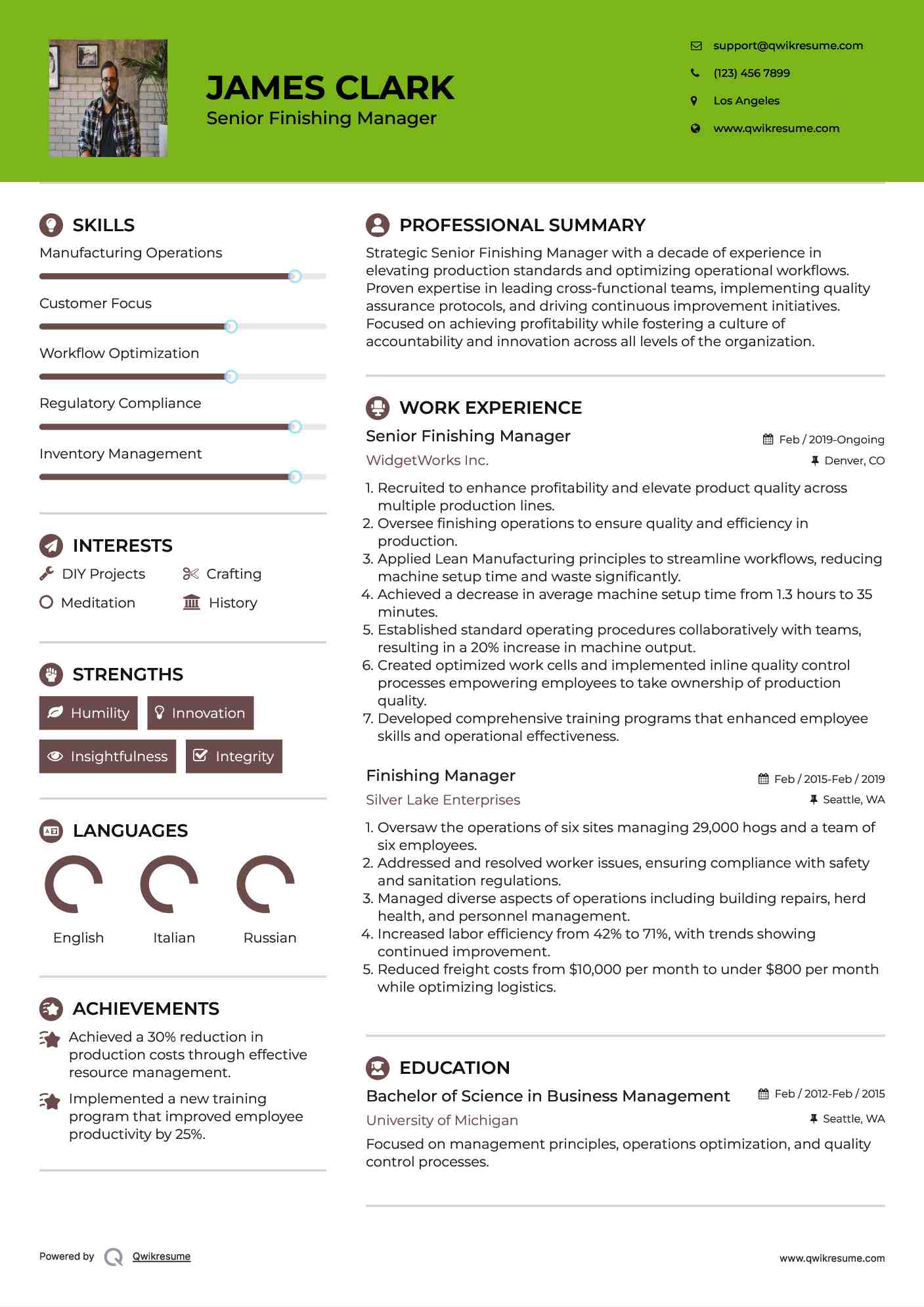 Senior Finishing Manager Resume Format