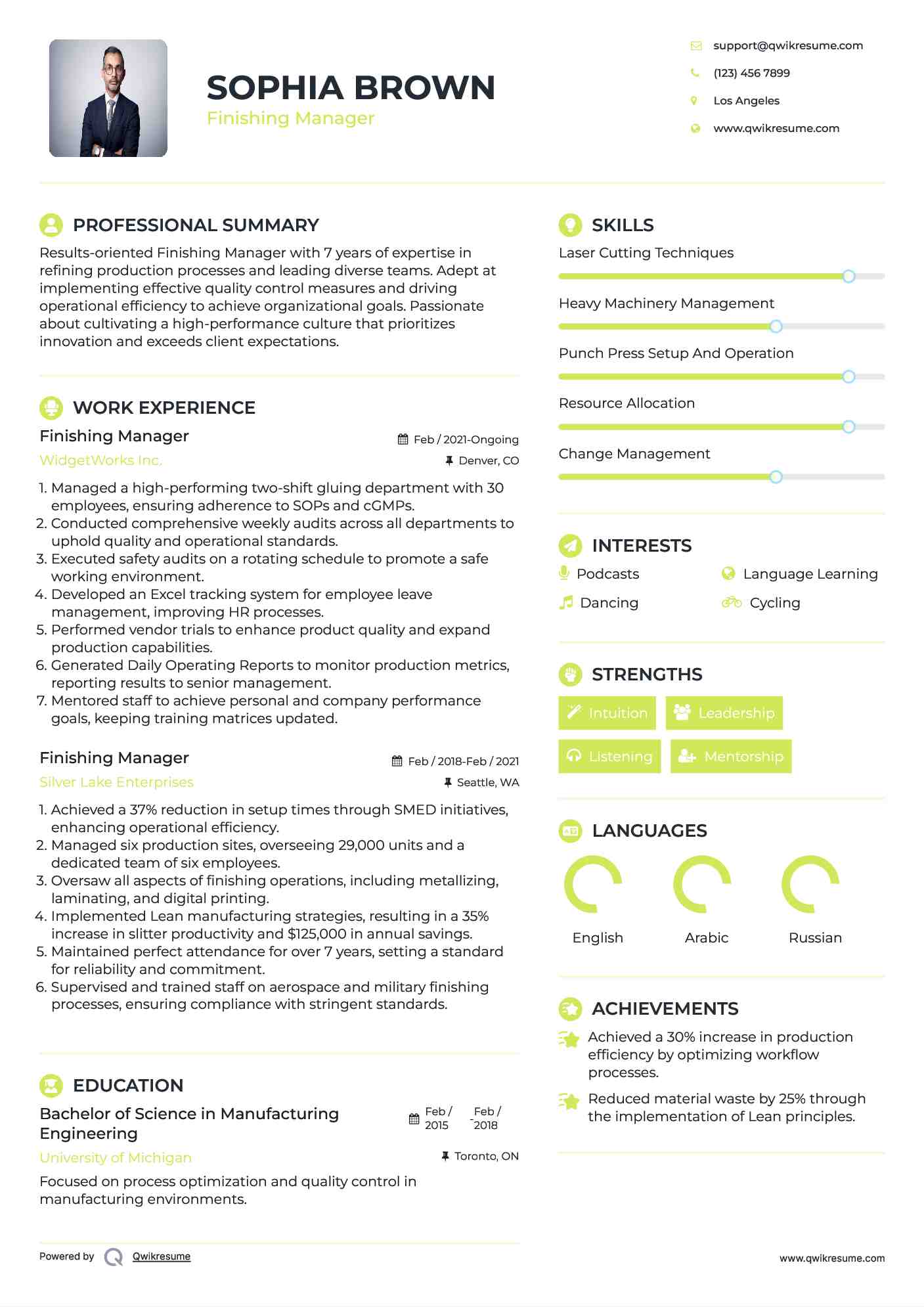 Finishing Manager Resume Sample