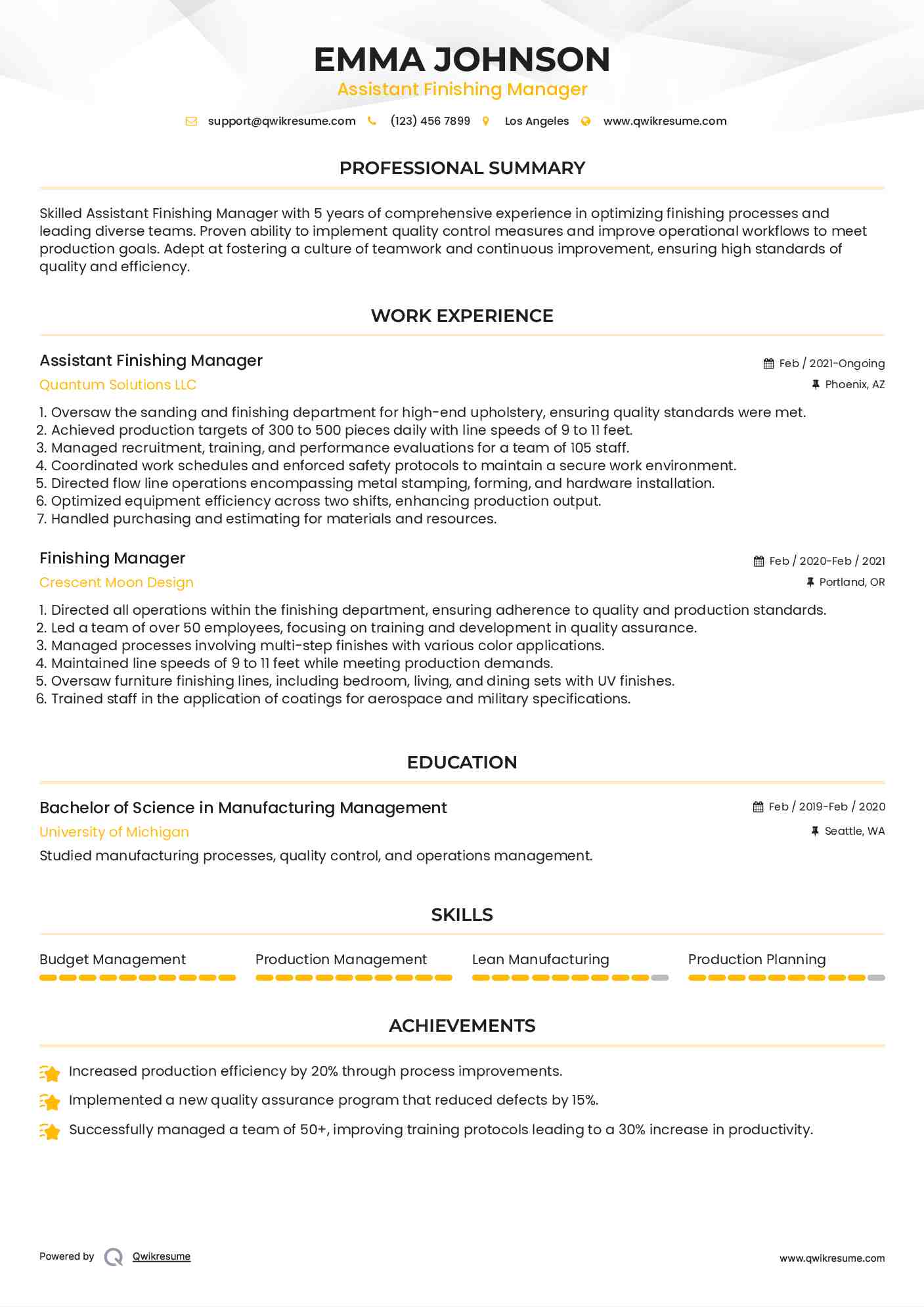 Assistant Finishing Manager Resume Format