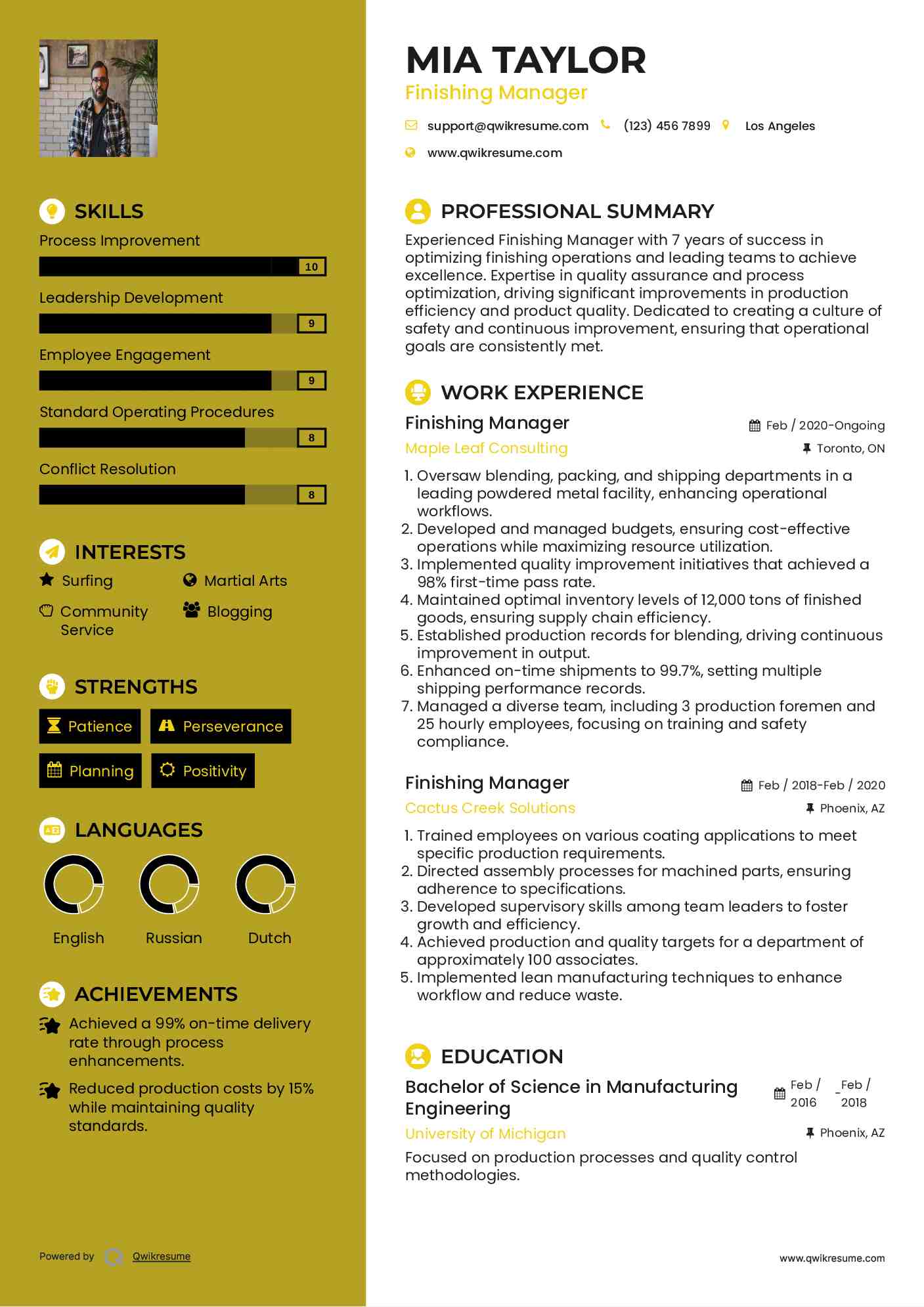 Finishing Manager Resume Sample