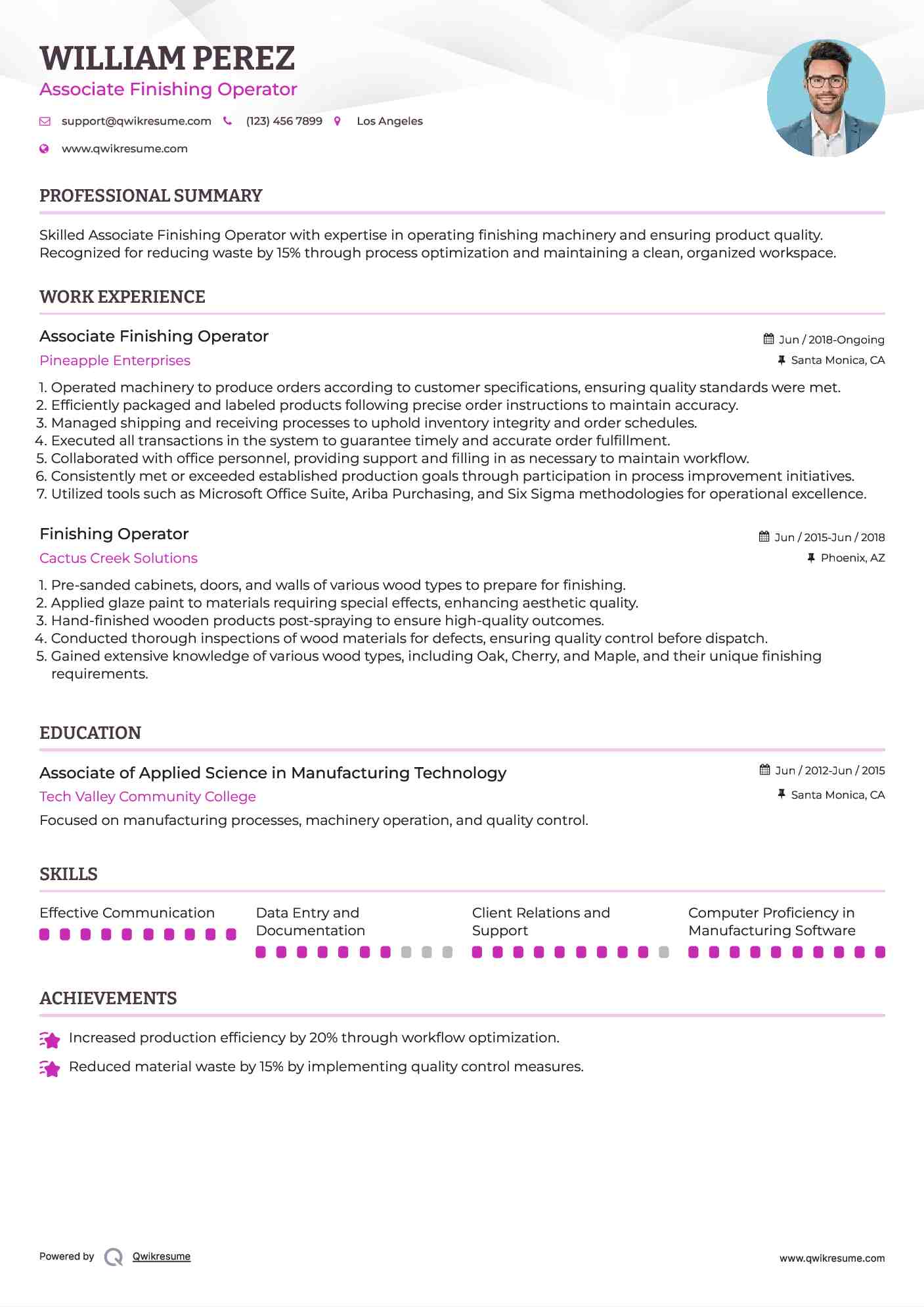 Associate Finishing Operator Resume Template
