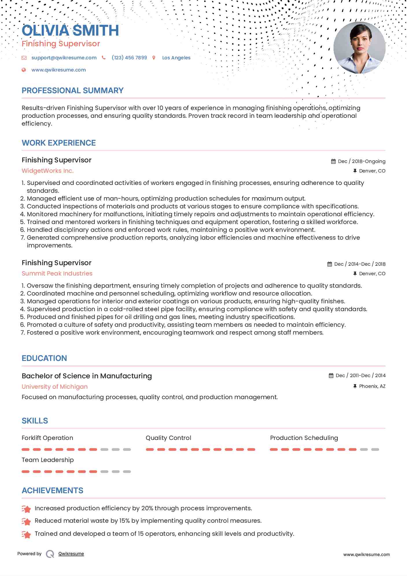 Finishing Supervisor Resume Example