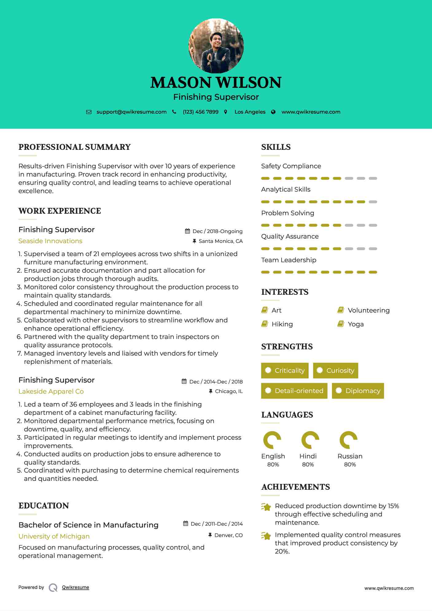 Finishing Supervisor Resume Example