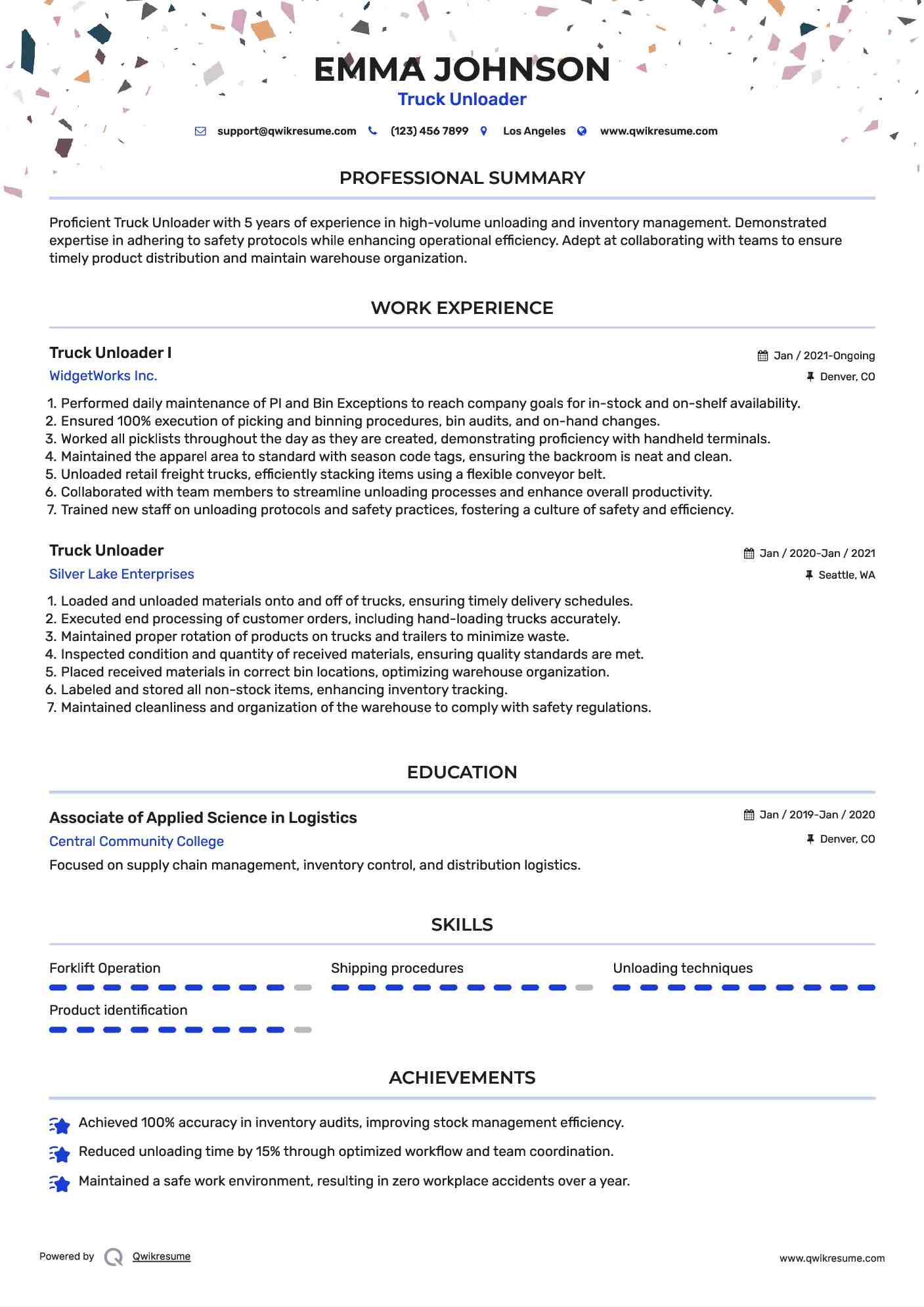 Truck Unloader I Resume Format