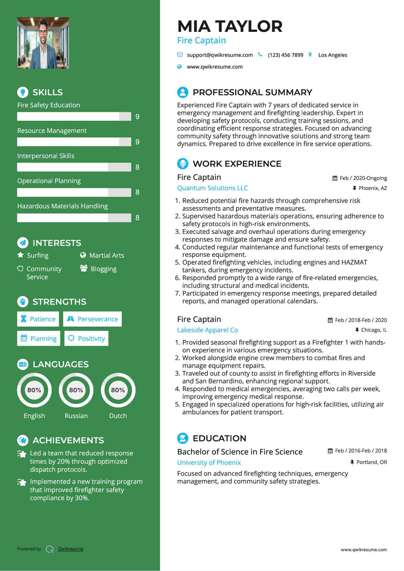 Fire Captain Resume Sample