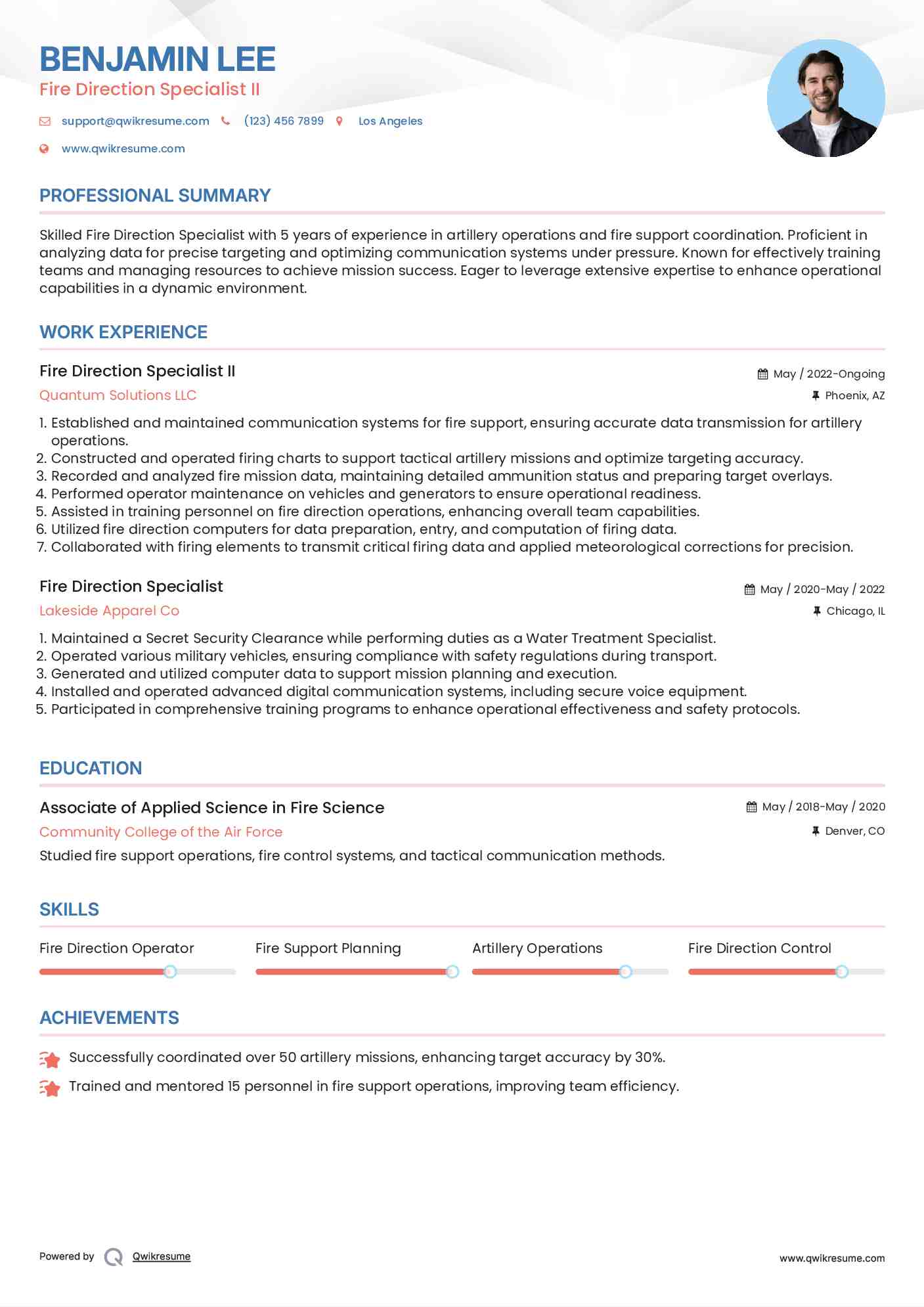 Fire Direction Specialist II Resume Model