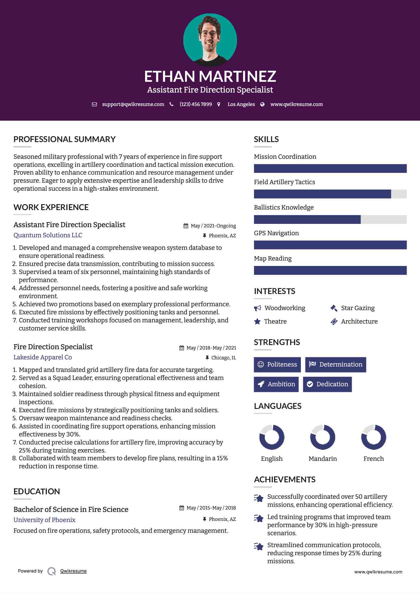 Assistant Fire Direction Specialist Resume Model