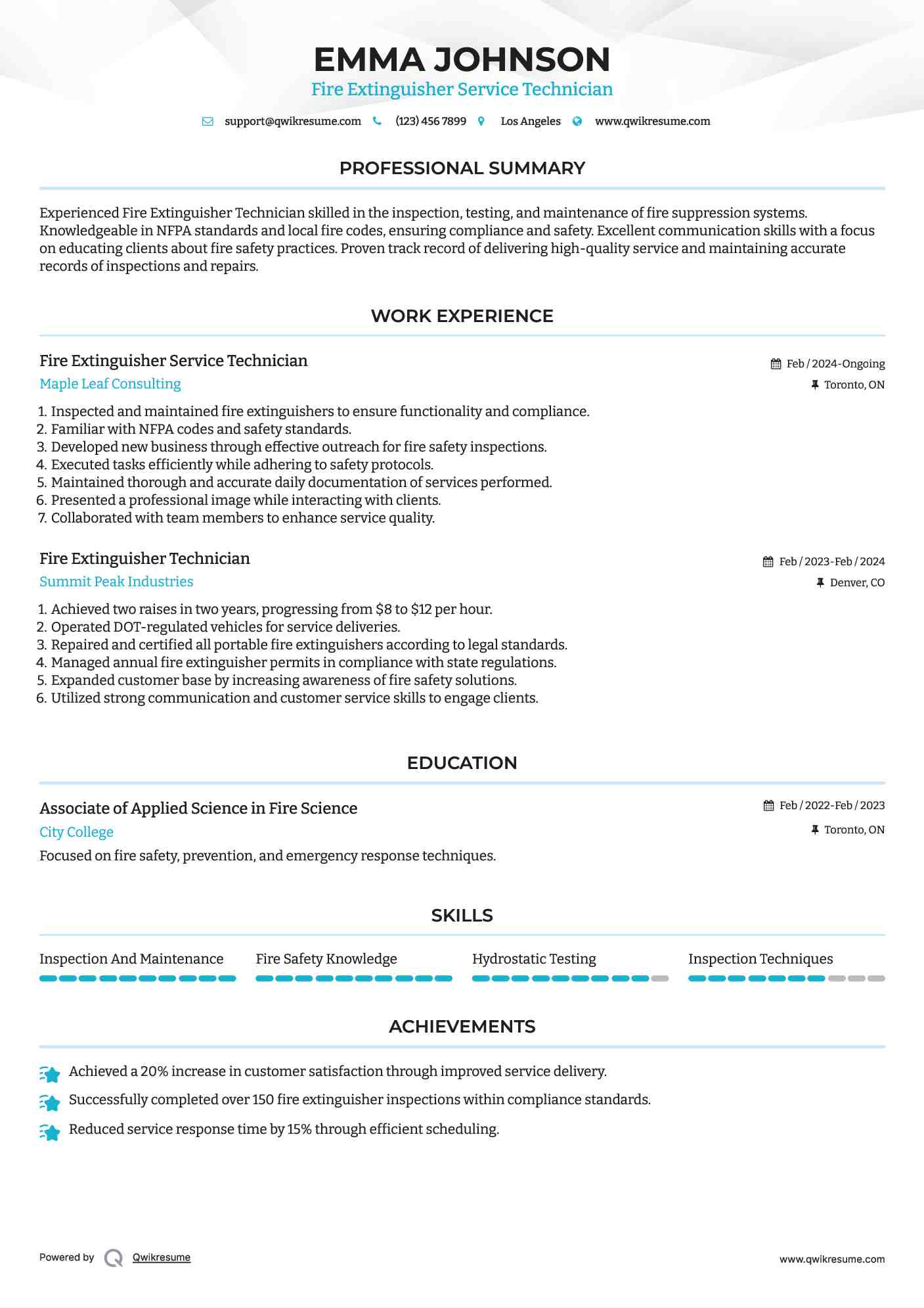 Fire Extinguisher Technician Resume Samples QwikResume