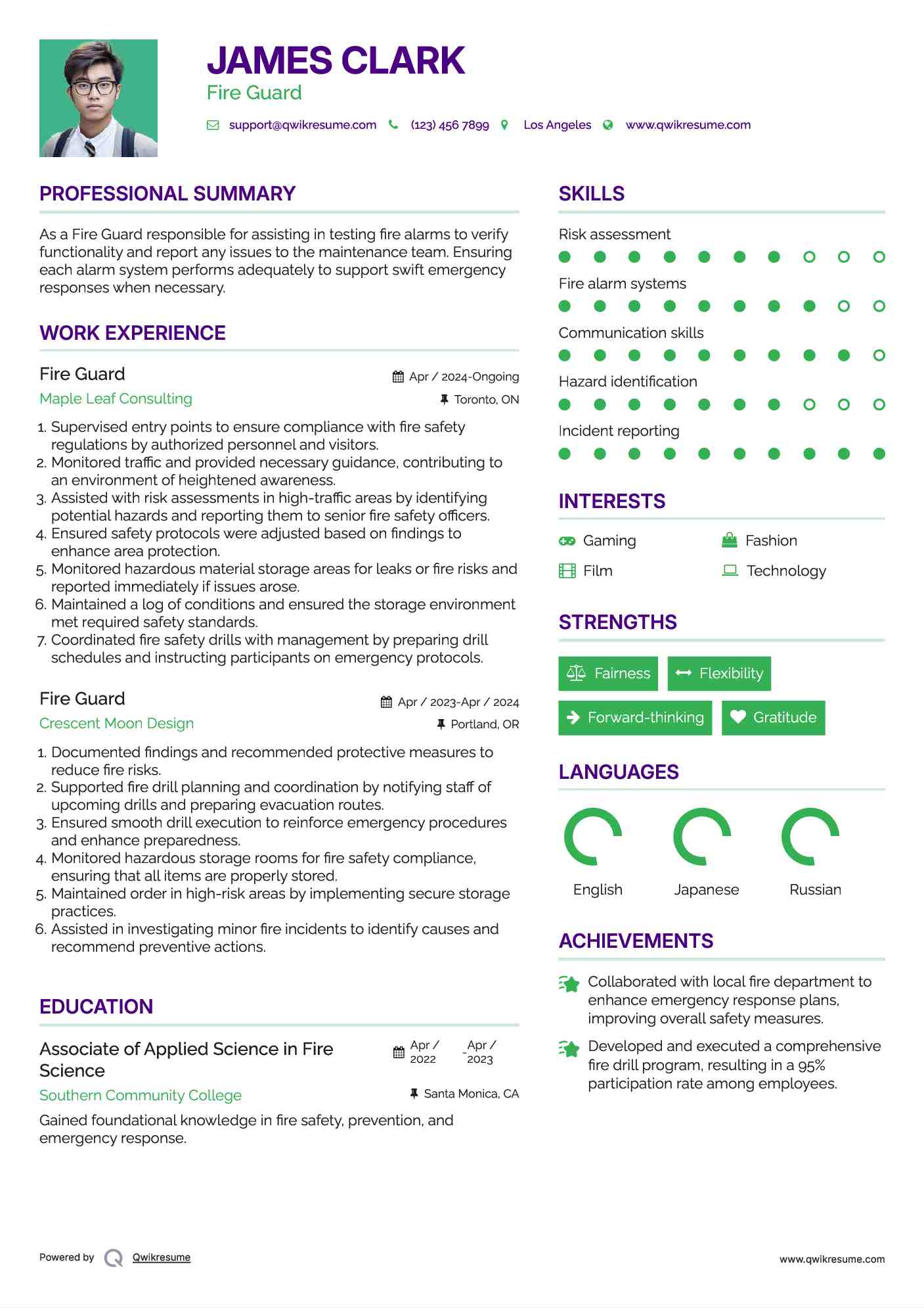 Fire Guard Resume Sample