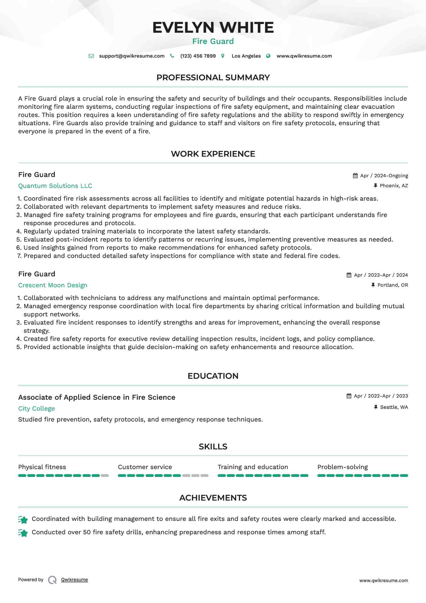 Fire Guard Resume Example