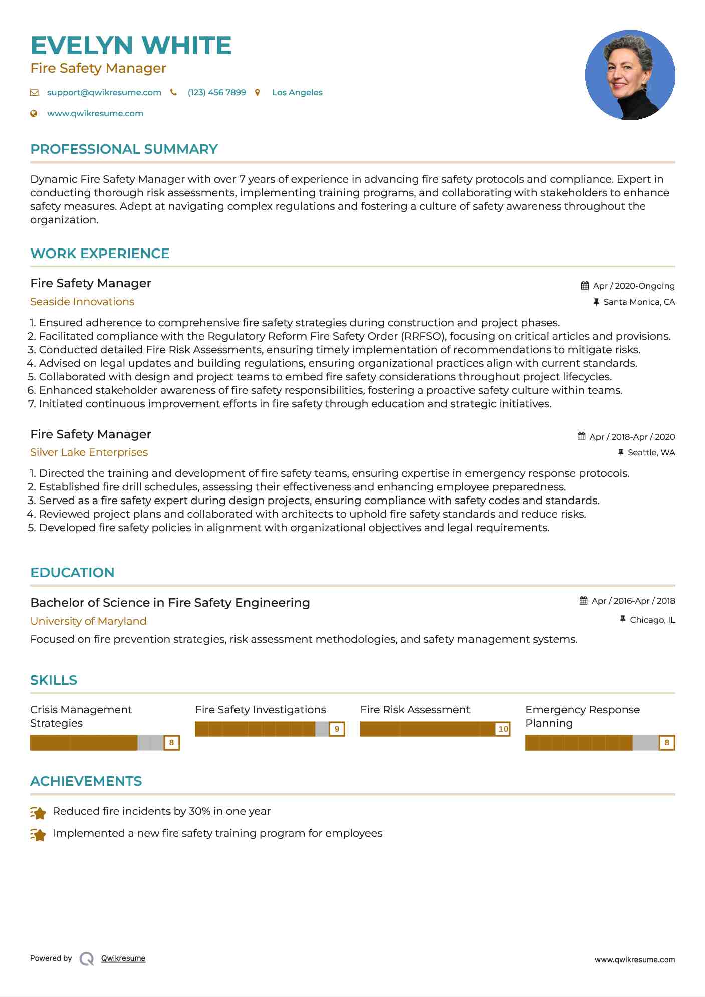 Fire Safety Manager Resume Example