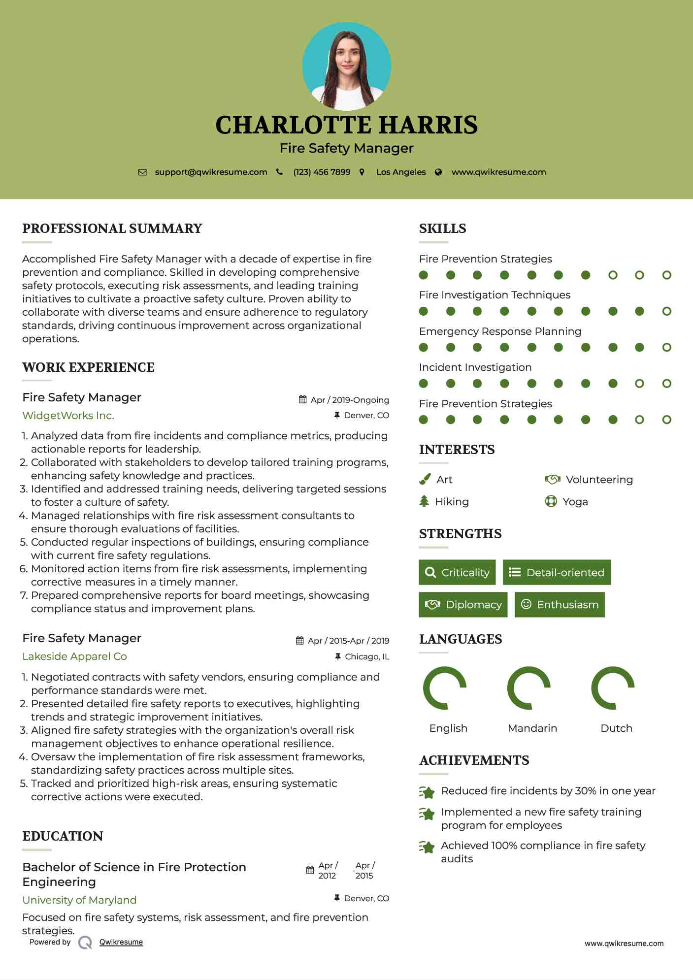 Fire Safety Manager Resume Format