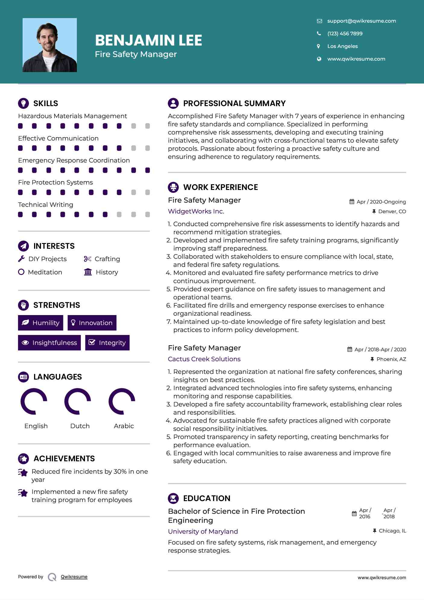 Fire Safety Manager Resume Sample