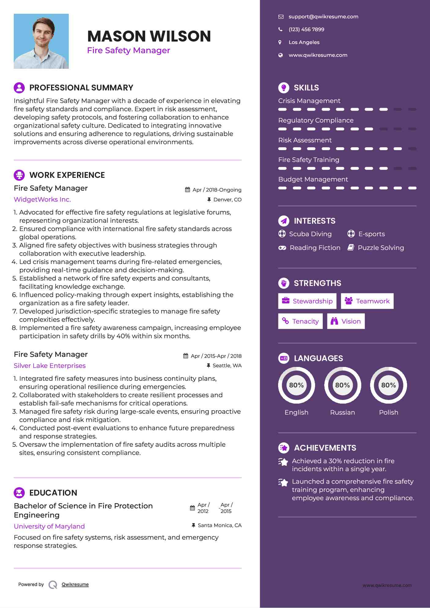 Fire Safety Manager Resume Format