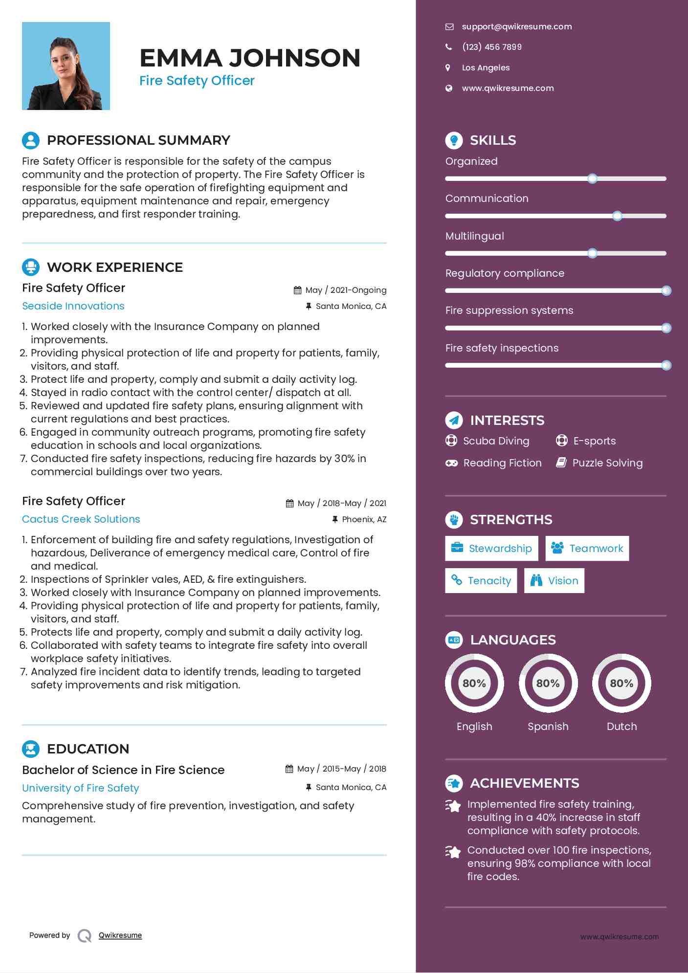 Fire Safety Officer Resume Example