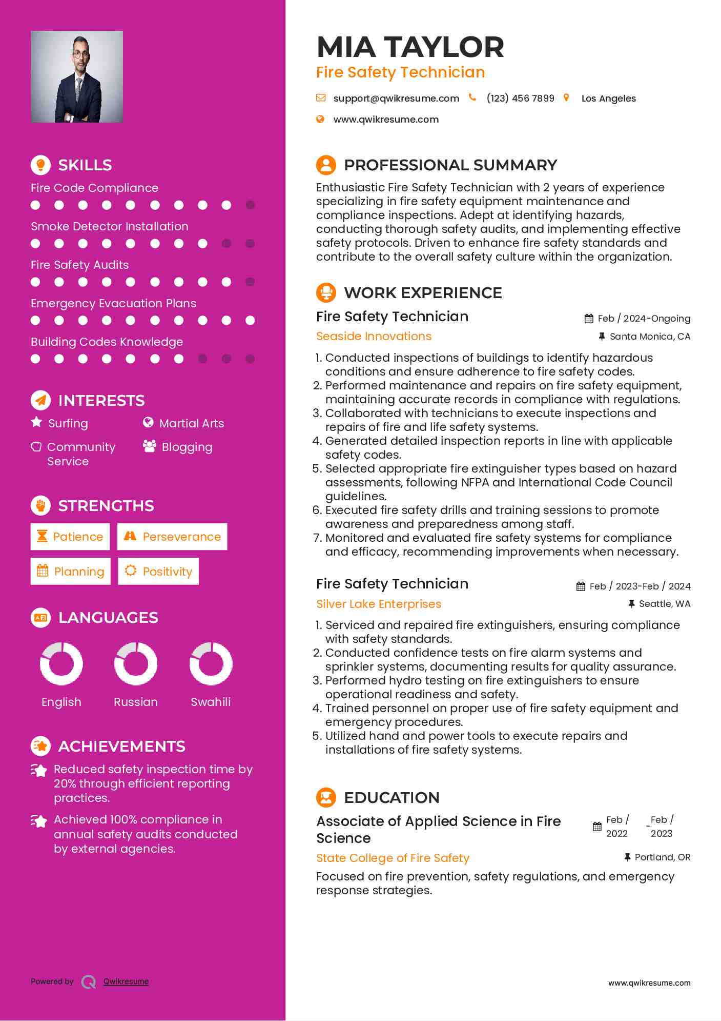 Fire Safety Technician Resume Sample