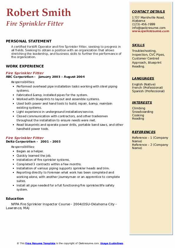 Fire Sprinkler Fitter Resume Samples QwikResume