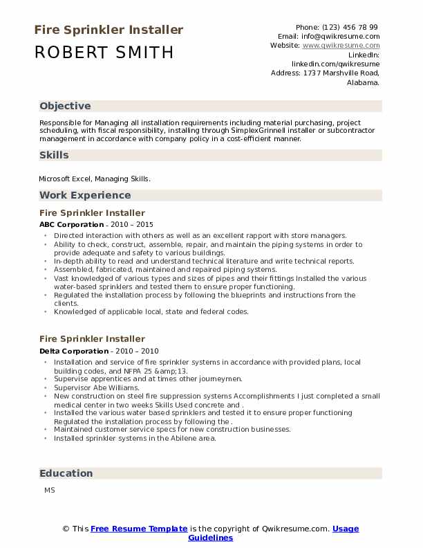Fire Sprinkler Installer Resume Samples QwikResume